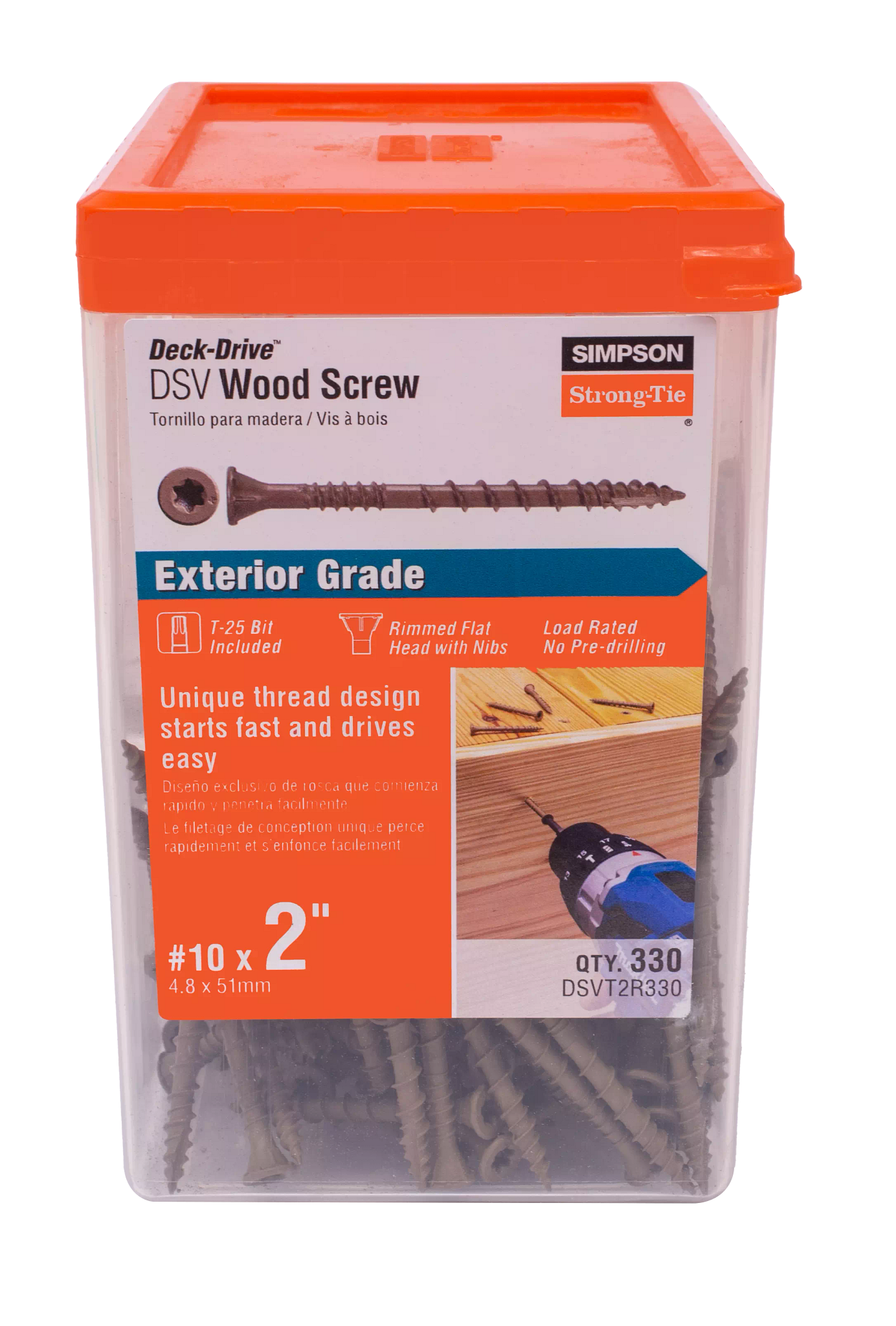 Simpson Strong-Tie DSVT2R330 Deck-Drive™ DSV WOOD Screw — #10 x 2 in. T25, Flat Head, Quik Guard®, Tan (330-Qty) (Pack of 3)
