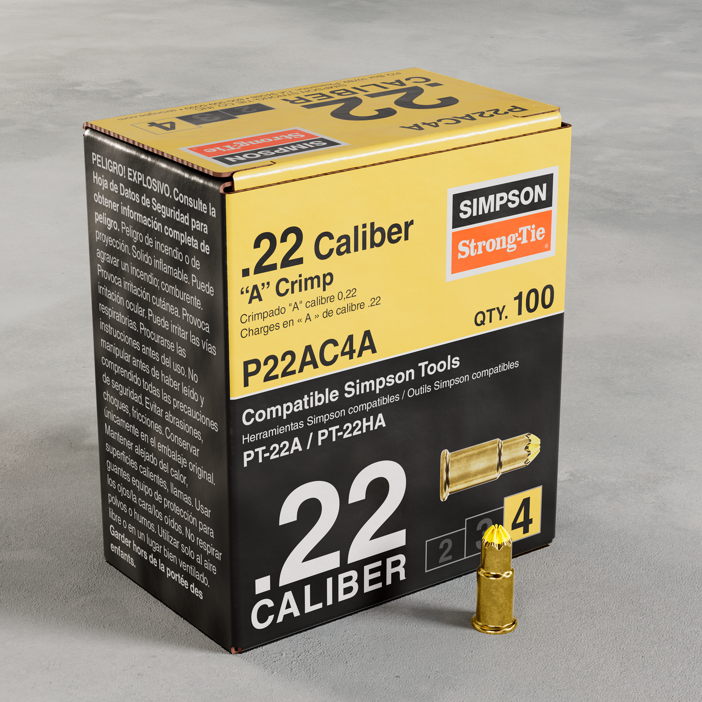 Simpson Strong-Tie P22AC4A P22AC 0.22-Caliber “A” Single-Shot Crimp Loads, LVL 4, Yellow - Imported (100-Qty) (Pack of 100)