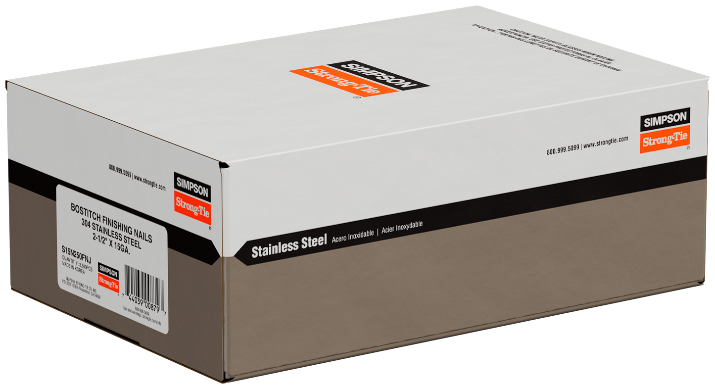 Simpson Strong-Tie S15N250FNJ 25° Angle, Adhesive Collation, FN-Style, 15-Gauge Finishing Nail — 2-1/2 in. Type 304 (3500-Qty)