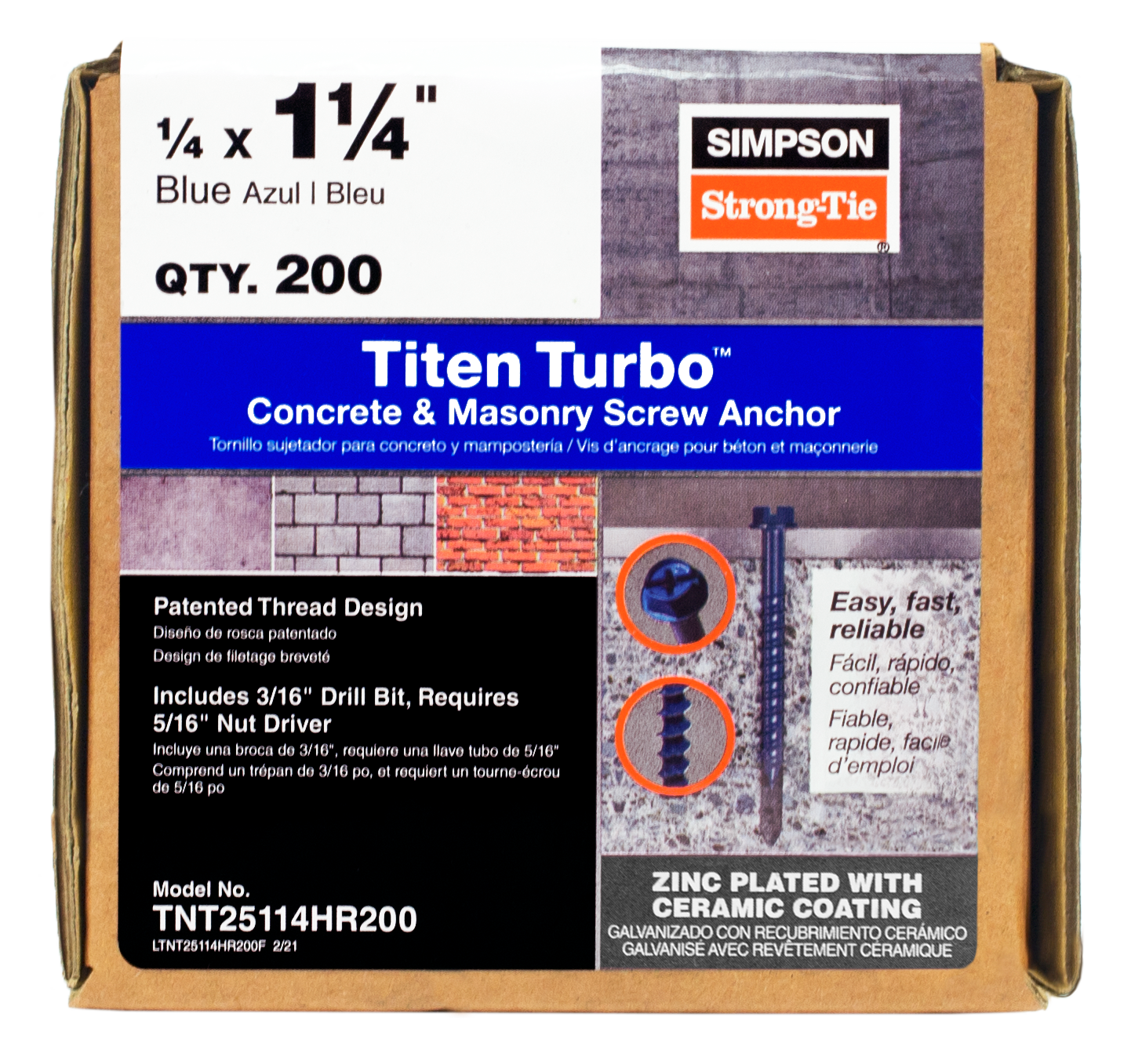 Simpson Strong-Tie TNT25114HR200 Titen Turbo™ — 1/4 in. x 1-1/4 in. Hex-Head Concrete and Masonry Screw, Blue (200-Qty)