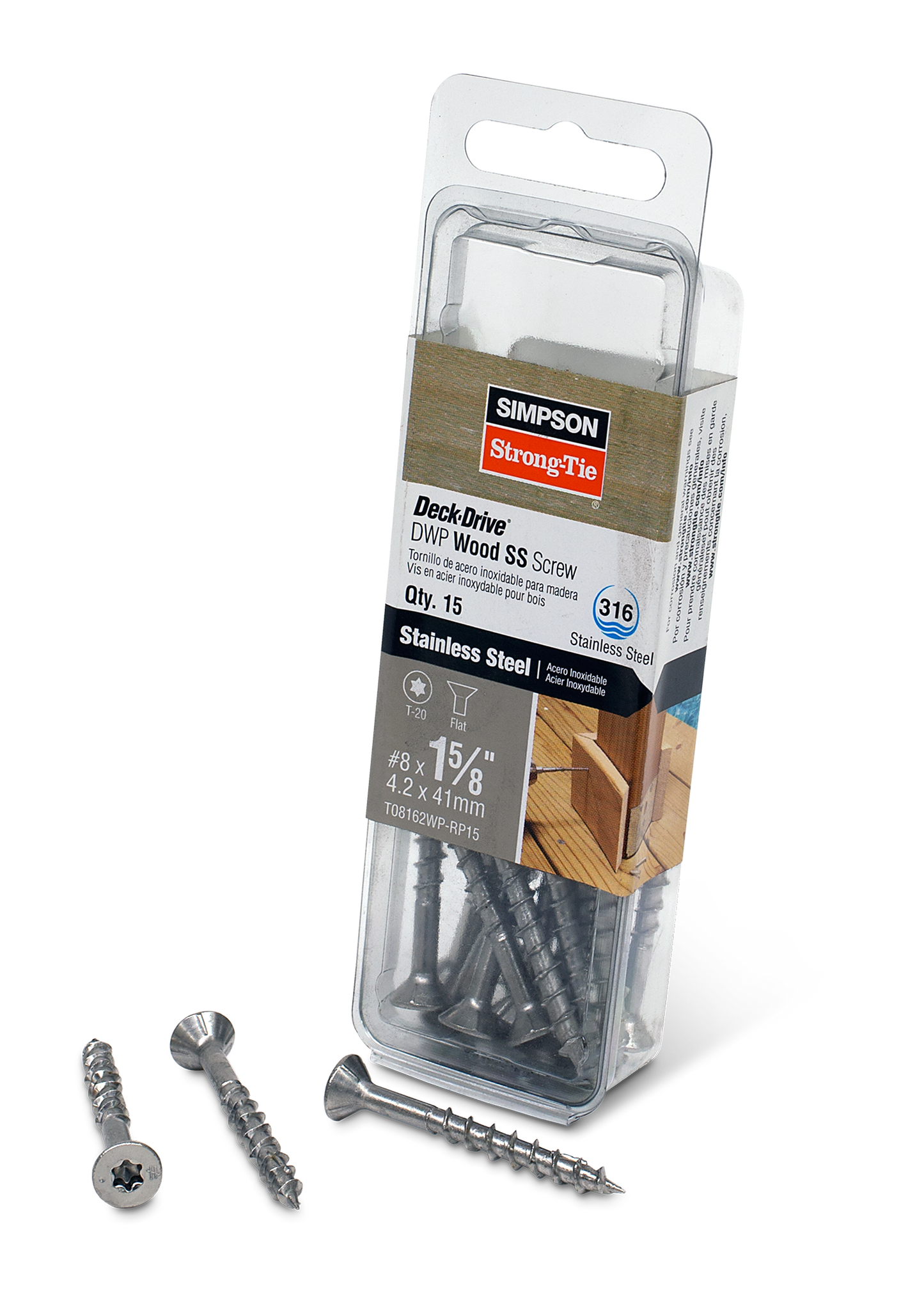 Simpson Strong-Tie T08162WP-RP15 Deck-Drive™ DWP WOOD SS Screw — #8 x 1-5/8 in. T20, Flat Head, Type 316 (15-Qty) (Pack of 5)