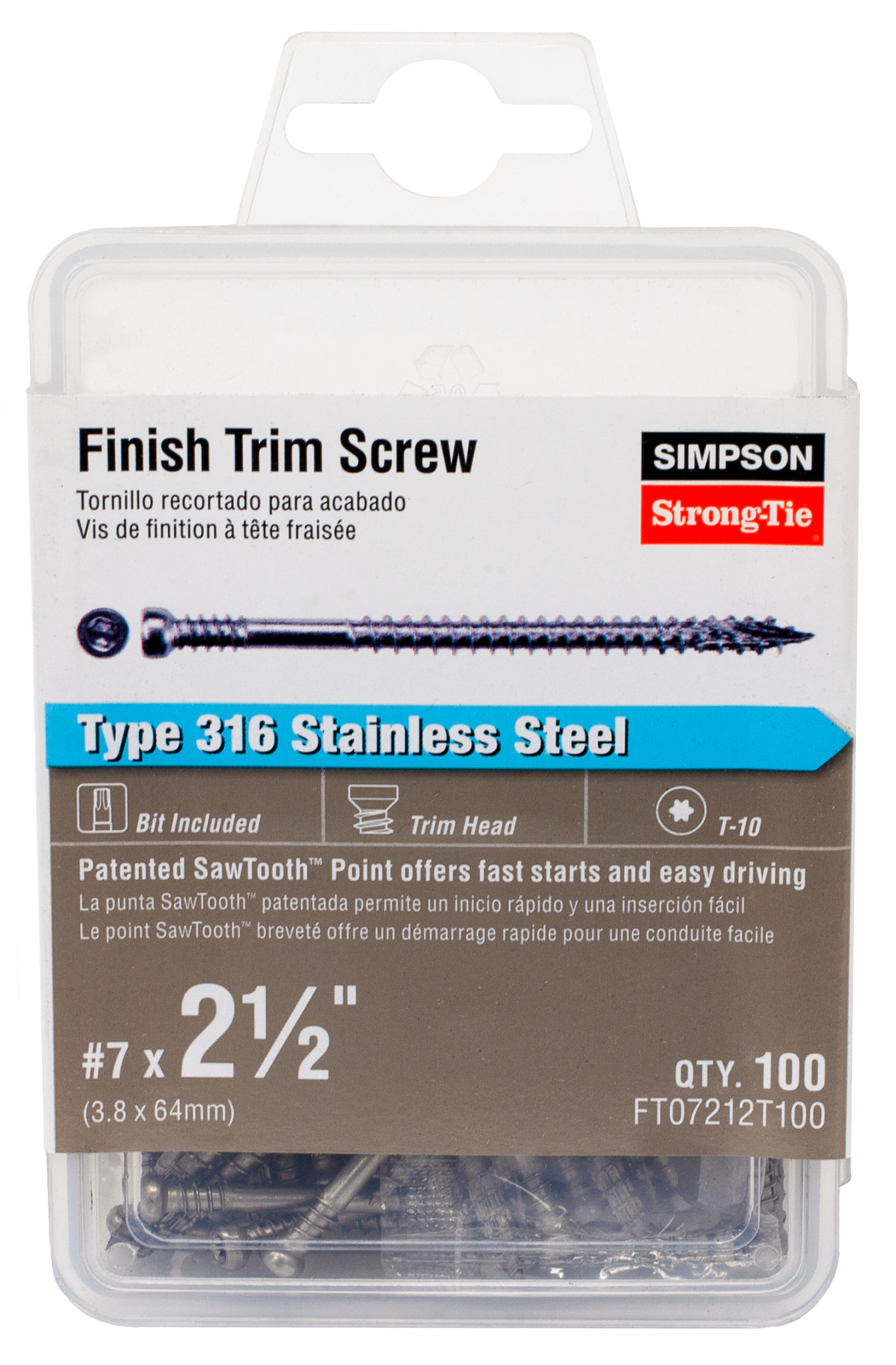 Simpson Strong-Tie FT07212T100 Finish Trim Screw — #7 x 2-1/2 in. T10, Trim-Head, Type 316 (100-Qty)