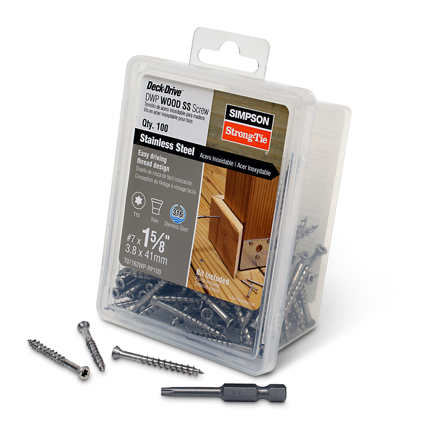 Simpson Strong-Tie T07162WP-RP100 Deck-Drive™ DWP WOOD SS Screw — #7 x 1-5/8 in. T-15, Trim Head, Type 316 (100-Qty) (Pack of 600)
