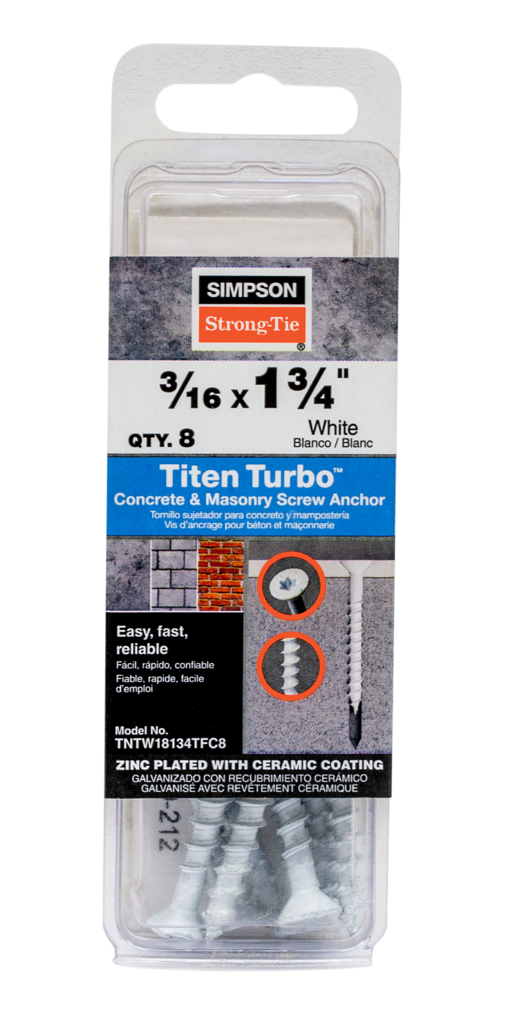 Simpson Strong-Tie TNTW18134TFC8 Titen Turbo™ — 3/16 in. x 1-3/4 in. 6-Lobe Flat-Head Concrete and Masonry Screw, White (8-Qty)
