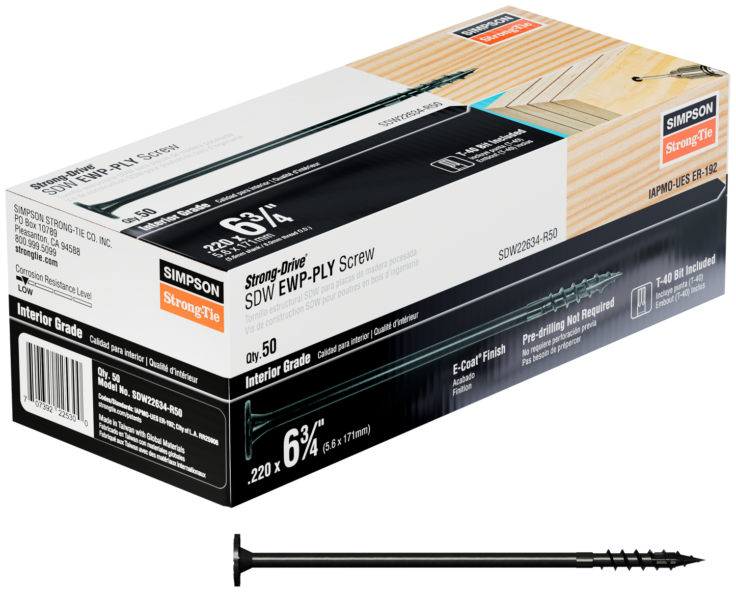 Simpson Strong-Tie SDW22634-R50 Strong-Drive® SDW™ EWP-PLY Screw — .220 in. x 6-3/4 in. T40 6-Lobe, E-coat® (50-Qty)