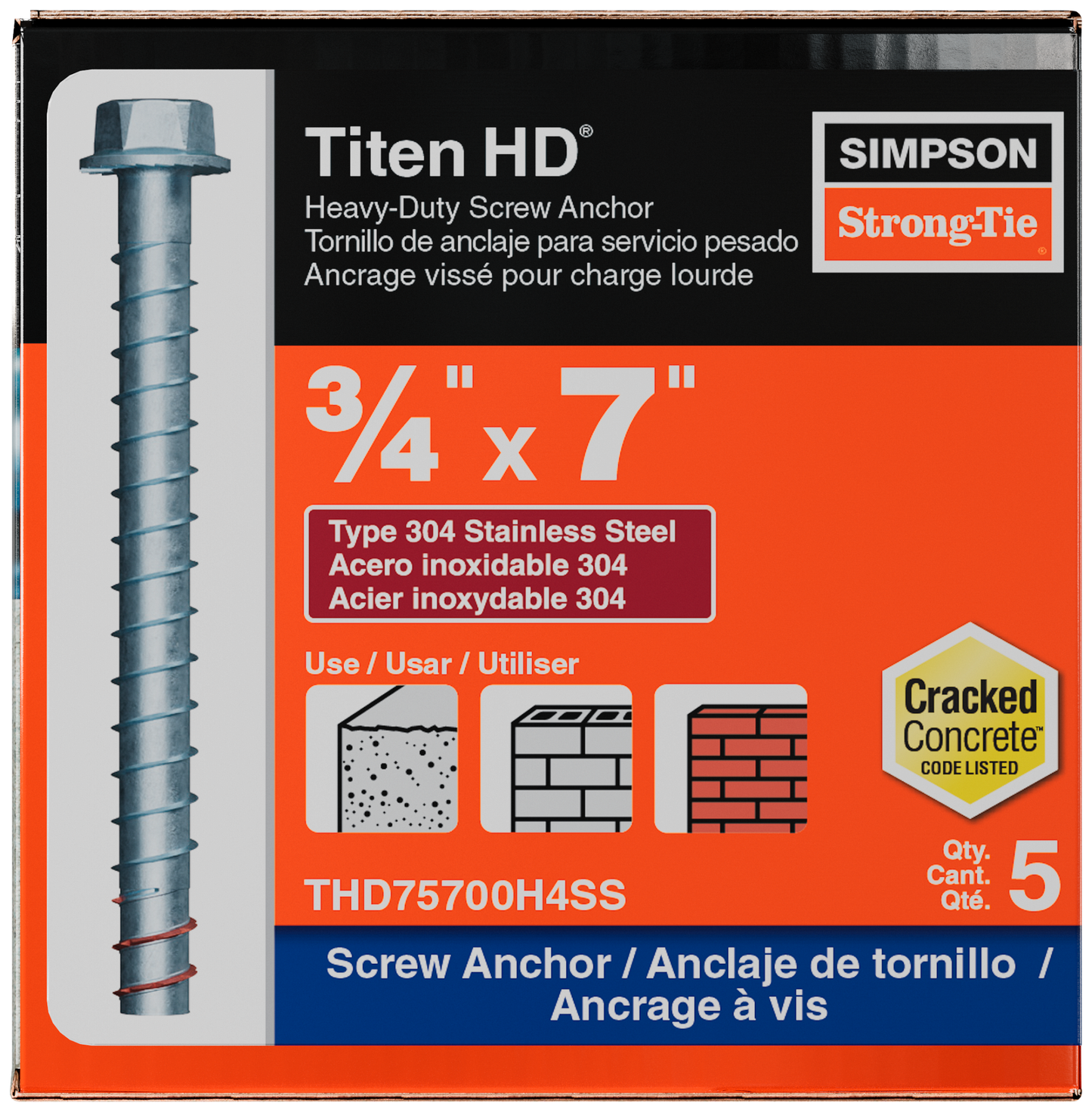Simpson Strong-Tie THD75700H4SS Titen HD® 3/4 in. x 7 in. Type 304 Stainless Steel Heavy-Duty Screw Anchor (5-Qty)