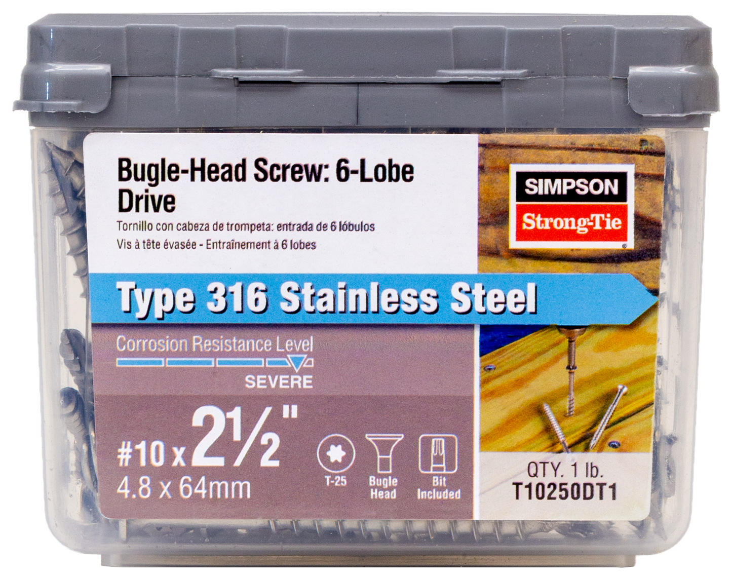 Simpson Strong-Tie T10250DT1 Bugle-Head Wood Screw, 6-Lobe Drive — #10 x 2-1/2-in. T25, Type 316 (1 lb.) (Pack of 10)