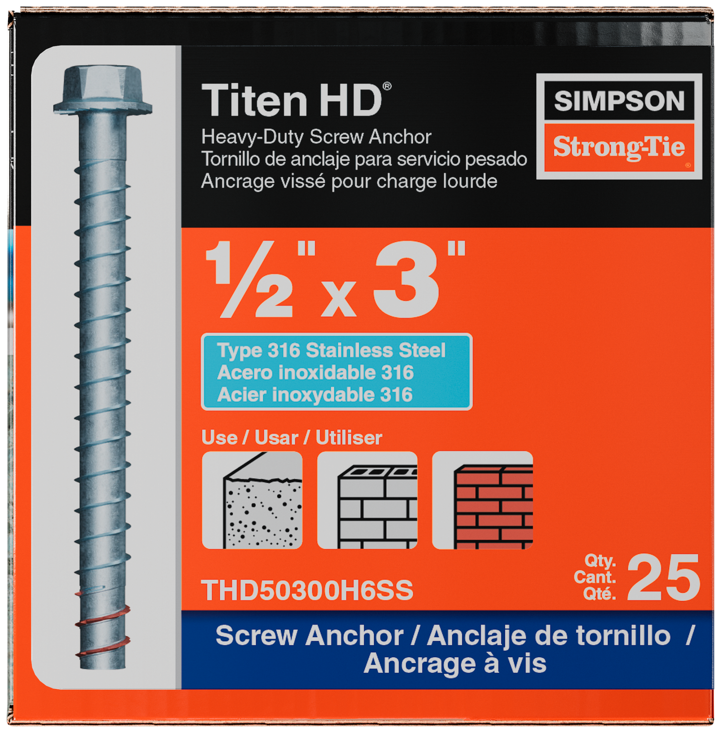 Simpson Strong-Tie THD50300H6SS Titen HD® 1/2 in. x 3 in. Type 316 Stainless Steel Heavy-Duty Screw Anchor (25-Qty) (Pack of 4)