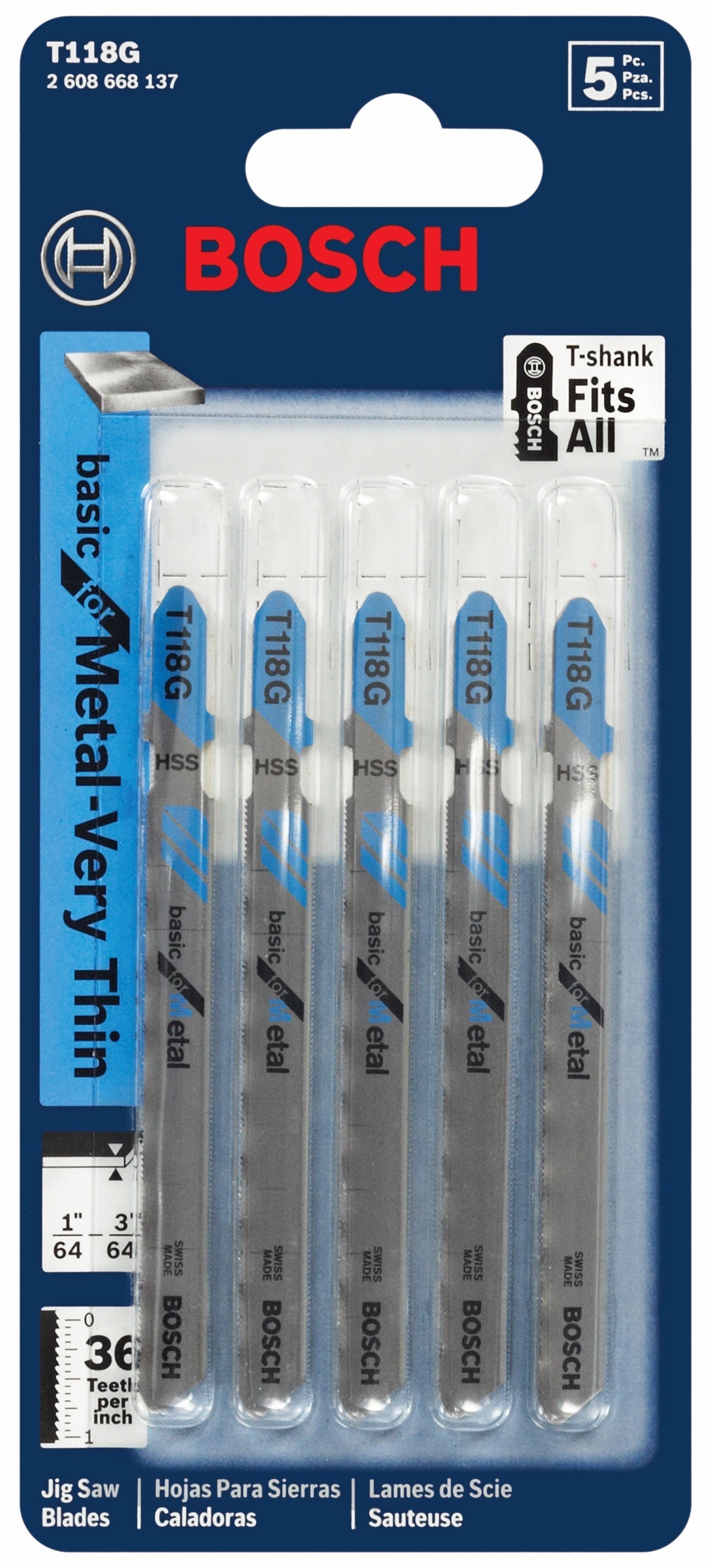 Hojas de sierra caladora BOSCH T118G de 5 piezas, 3-5/8 pulg., 36 dientes por pulgada, básicas para metal, con vástago en T