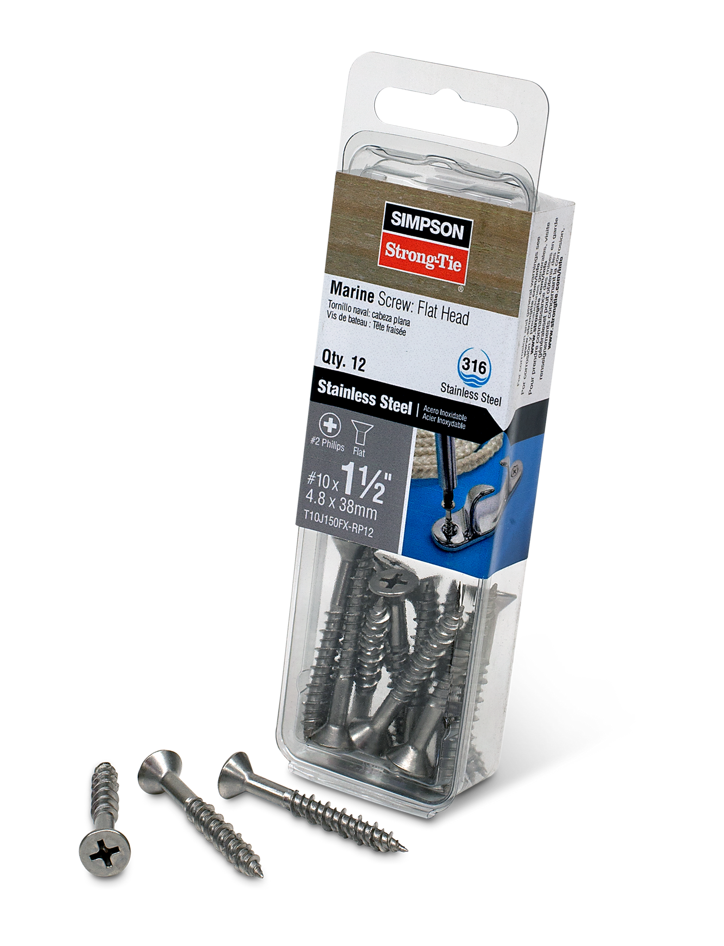 Simpson Strong-Tie T10J150FX-RP12 Marine Screw, Flat Head — #10 x 1-1/2 in. #2 Phillips Drive, Type 316 (12-Qty) (Pack of 3240)