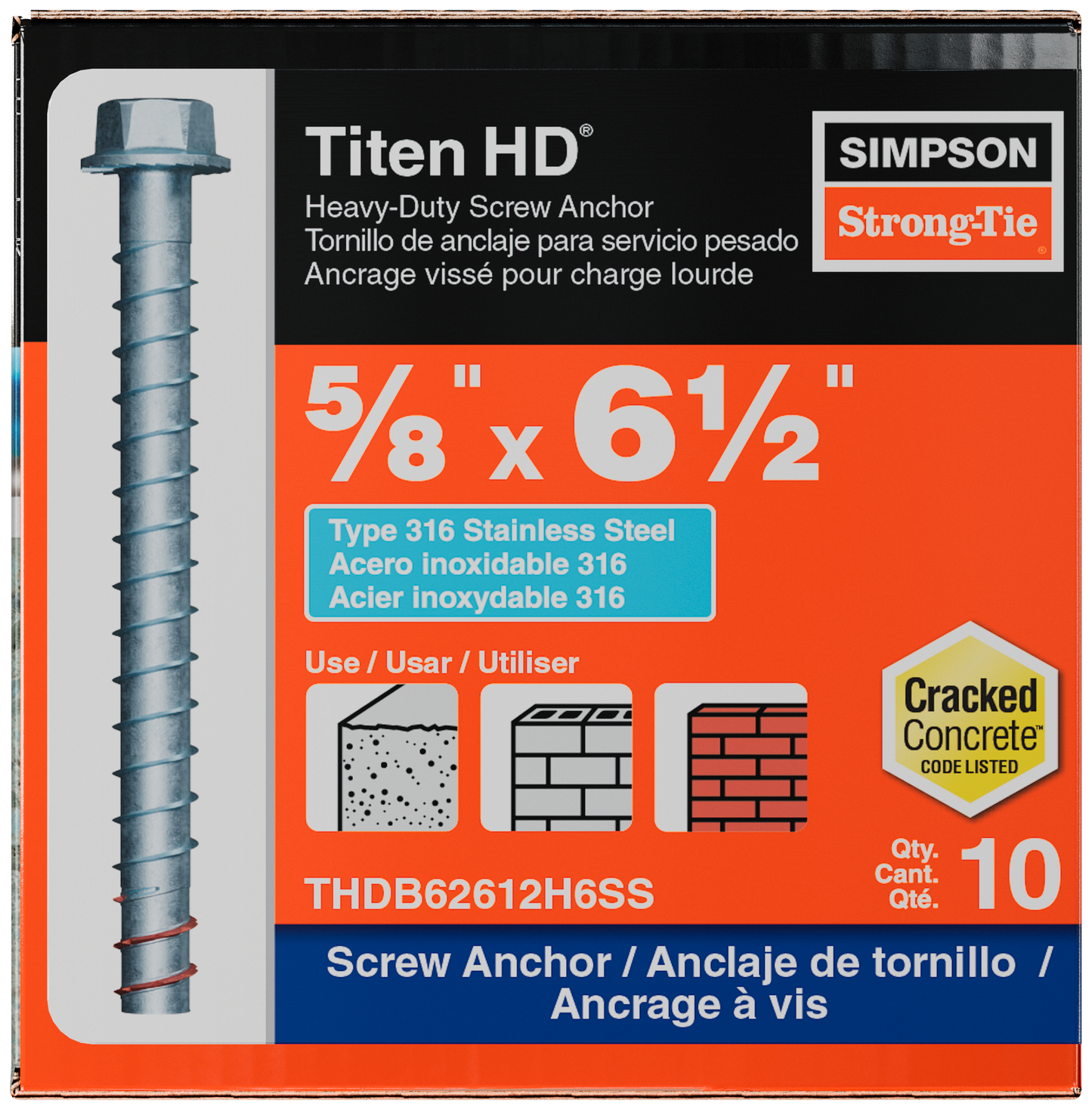 Simpson Strong-Tie THDB62612H6SS Titen HD® 5/8 in. x 6-1/2 in. Type 316 Stainless Steel Heavy-Duty Screw Anchor (10-Qty)