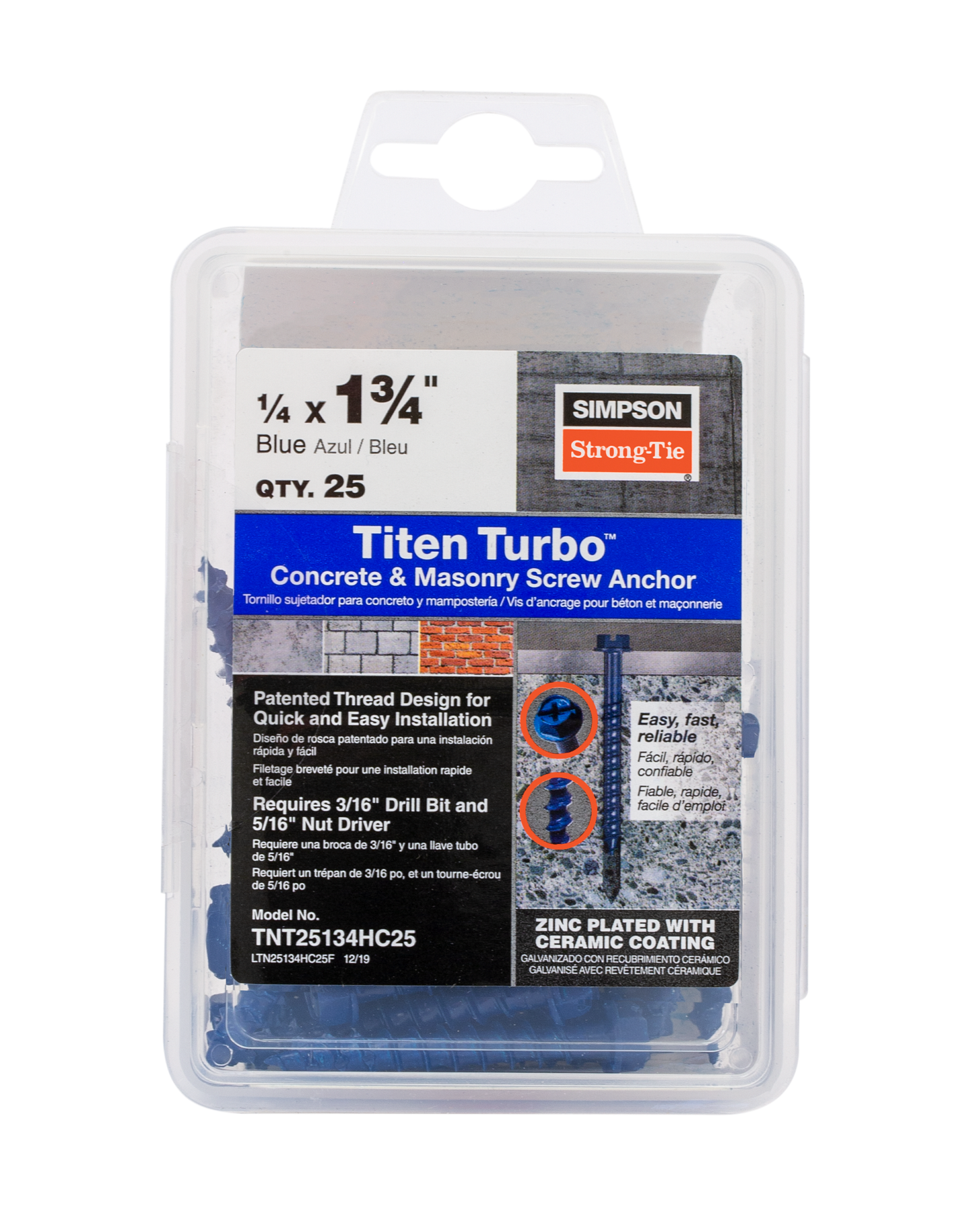 Simpson Strong-Tie TNT25134H Titen Turbo™ — 1/4 in. x 1-3/4 in. Hex-Head Concrete and Masonry Screw, Blue (100-Qty) (Pack of 5)