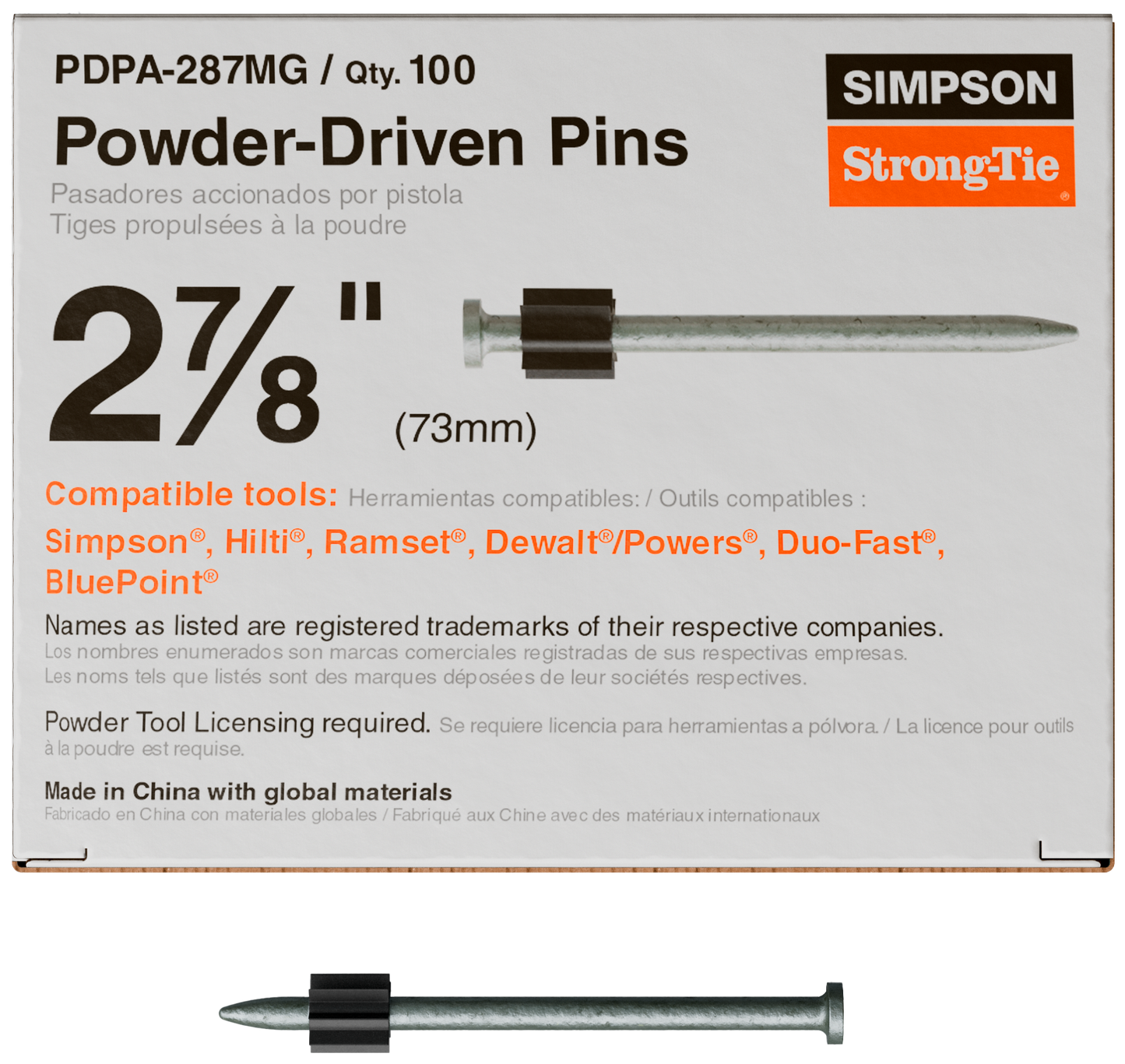 Simpson Strong-Tie PDPA-287MG PDPA .157 in. x 2-7/8 in. Mechanically Galvanized Powder-Actuated Pin (100-Qty) (Pack of 10)