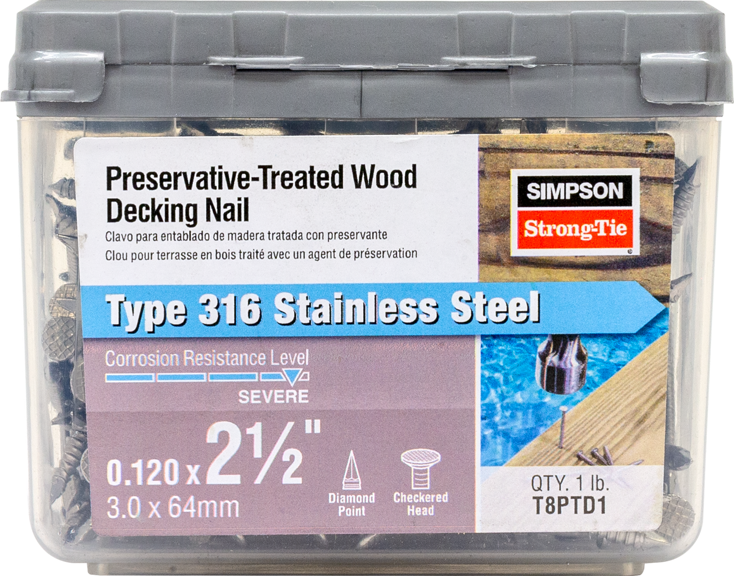 Simpson Strong-Tie T8PTD1 Preservative-Treated Wood Decking Nail, Ring Shank — 2-1/2 in. x .120 in. Type 316 (1 lb.) (Pack of 800)