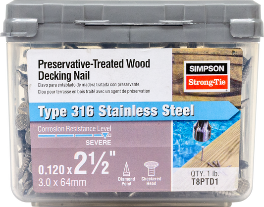 Simpson Strong-Tie T8PTD1 Preservative-Treated Wood Decking Nail, Ring Shank — 2-1/2 in. x .120 in. Type 316 (1 lb.) (Pack of 10)