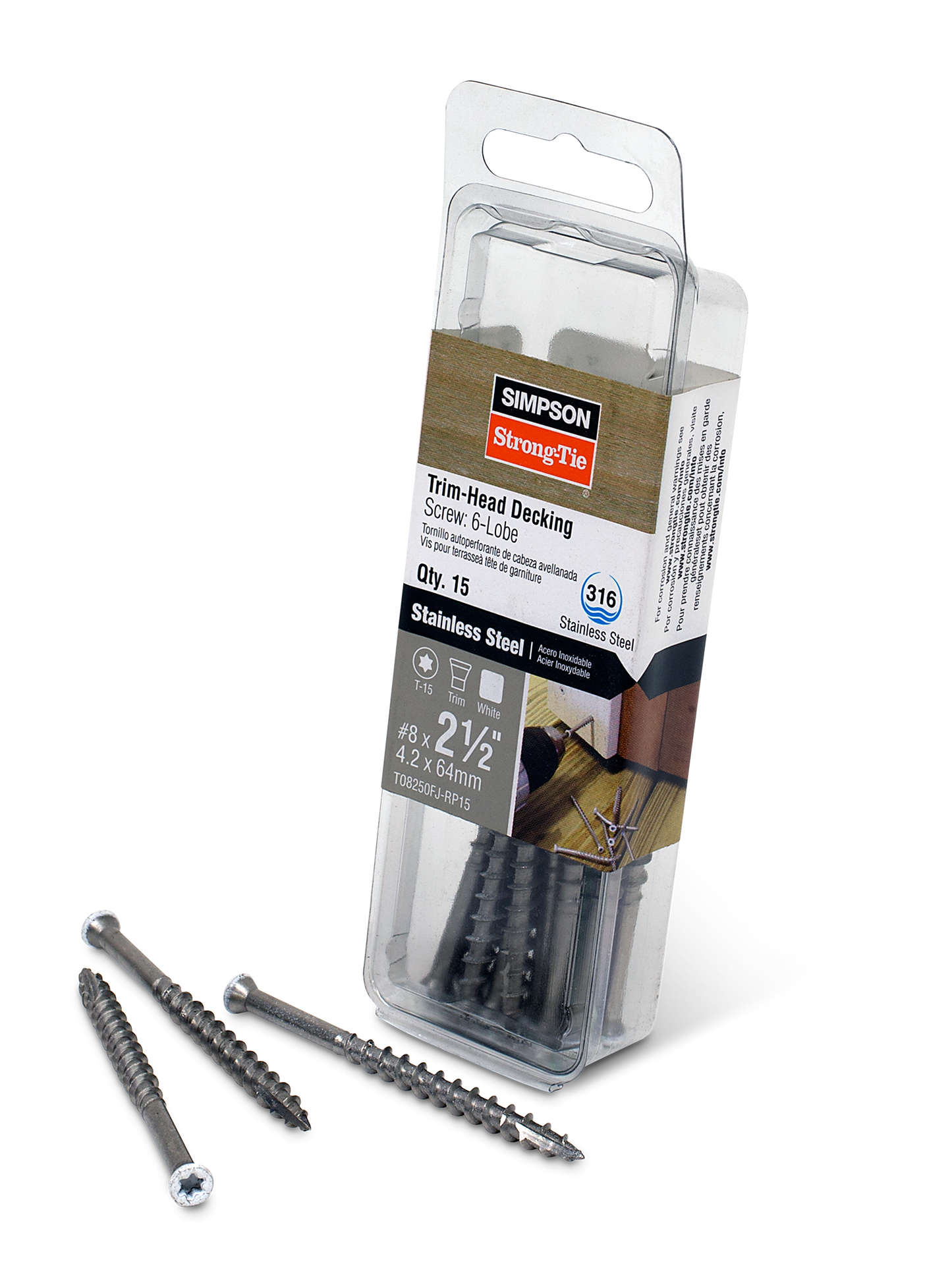 Simpson Strong-Tie T08250FJ-RP15 Trim-Head Screw, 6-Lobe Drive — #8 x 2-1/2 in. T-15 Type 316, White 01 (15-Qty) (Pack of 5)