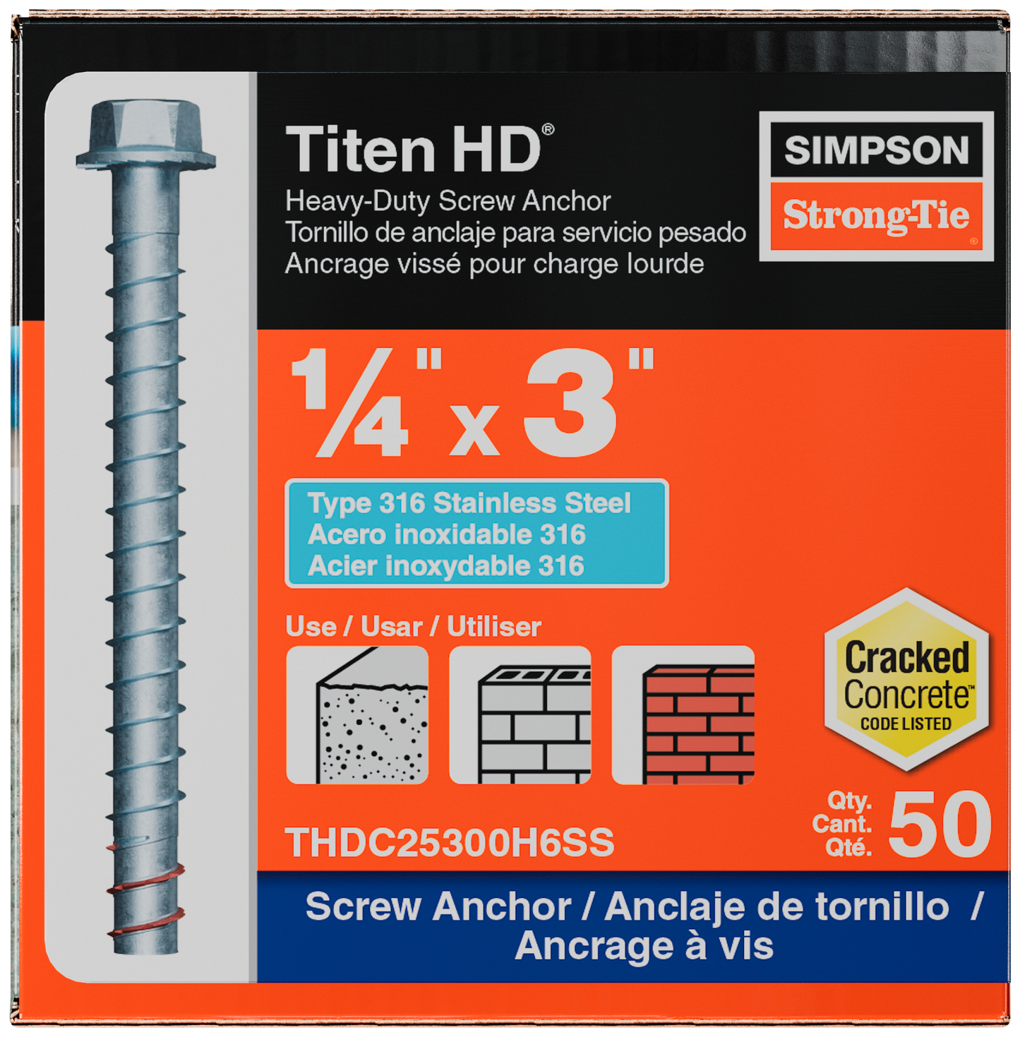 Simpson Strong-Tie THDC25300H6SS Titen HD® 1/4 in. x 3 in. Type 316 Stainless-Steel Heavy-Duty Screw Anchor (50-Qty) (Pack of 5)