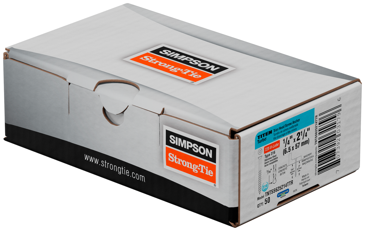 Simpson Strong-Tie TNTSS625214TTR Titen Turbo™ — 1/4 in. x 2-1/4 in. Type 316 Stainless-Steel Trim-Head Concrete and Masonry Screw (50-Qty)