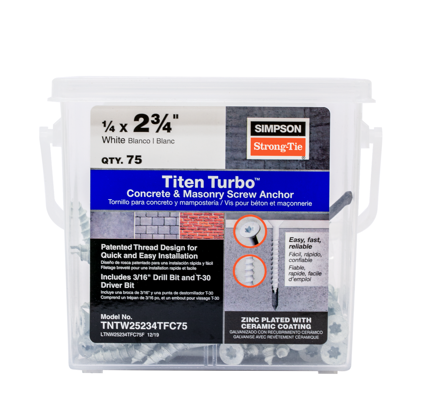 Simpson Strong-Tie TNTW25234TF Titen Turbo™ — 1/4 in. x 2-3/4 in. 6-Lobe Flat-Head Concrete and Masonry Screw, White (100-Qty) (Pack of 5)