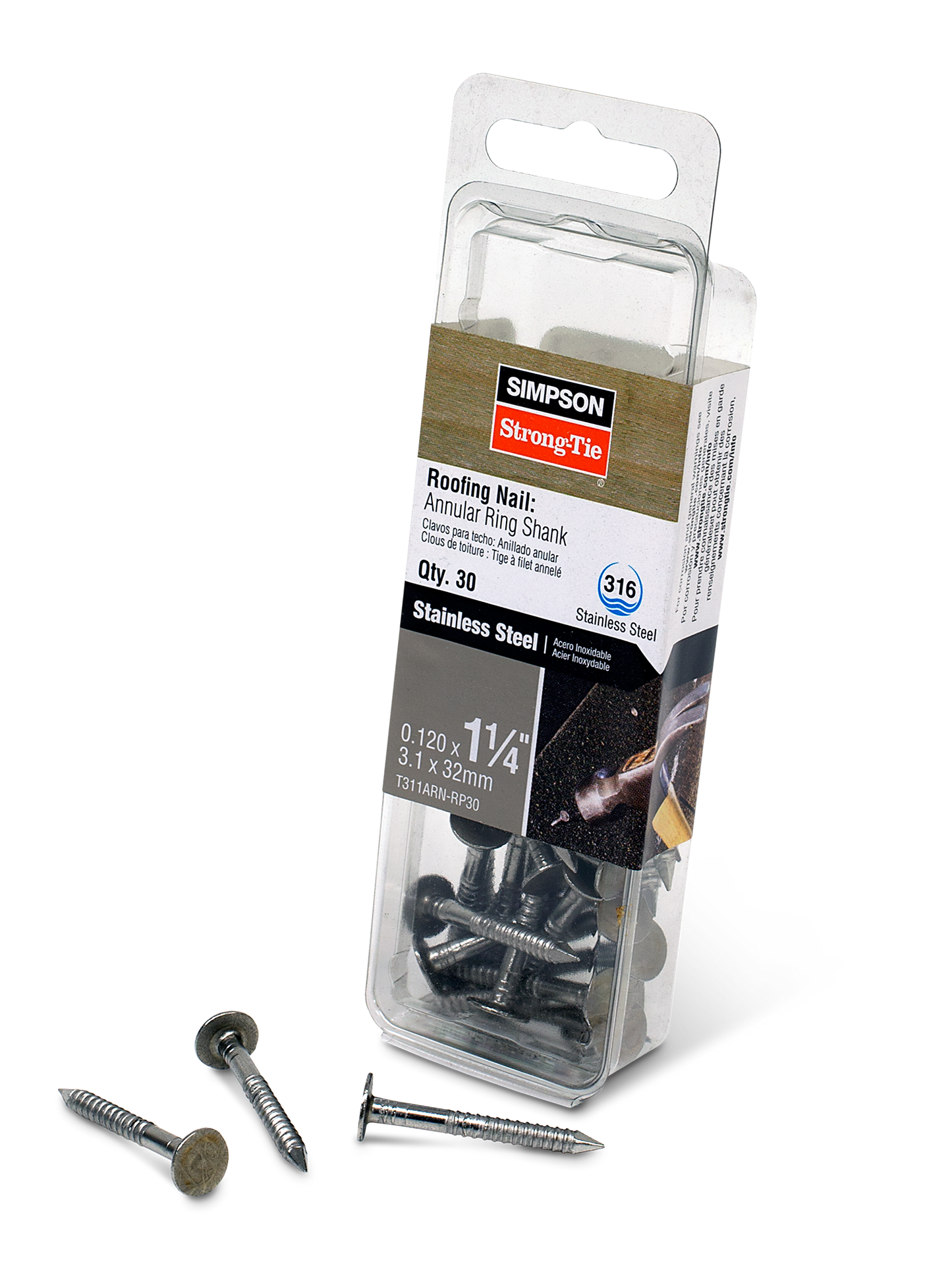 Simpson Strong-Tie T311ARN-RP30 Roofing Nail, Annular Ring Shank — 1-1/4-in. x .120-in. Type 316 Stainless Steel (30-Qty) (Pack of 5)