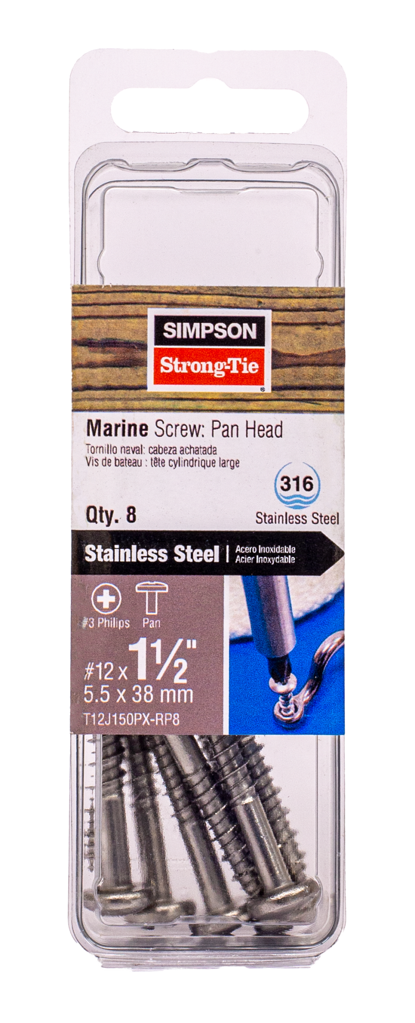 Simpson Strong-Tie T12J150PX-RP8 Marine Screw, Pan Head — #12 x 1-1/2 in. #3 Phillips Drive, Type 316 (8-Qty)