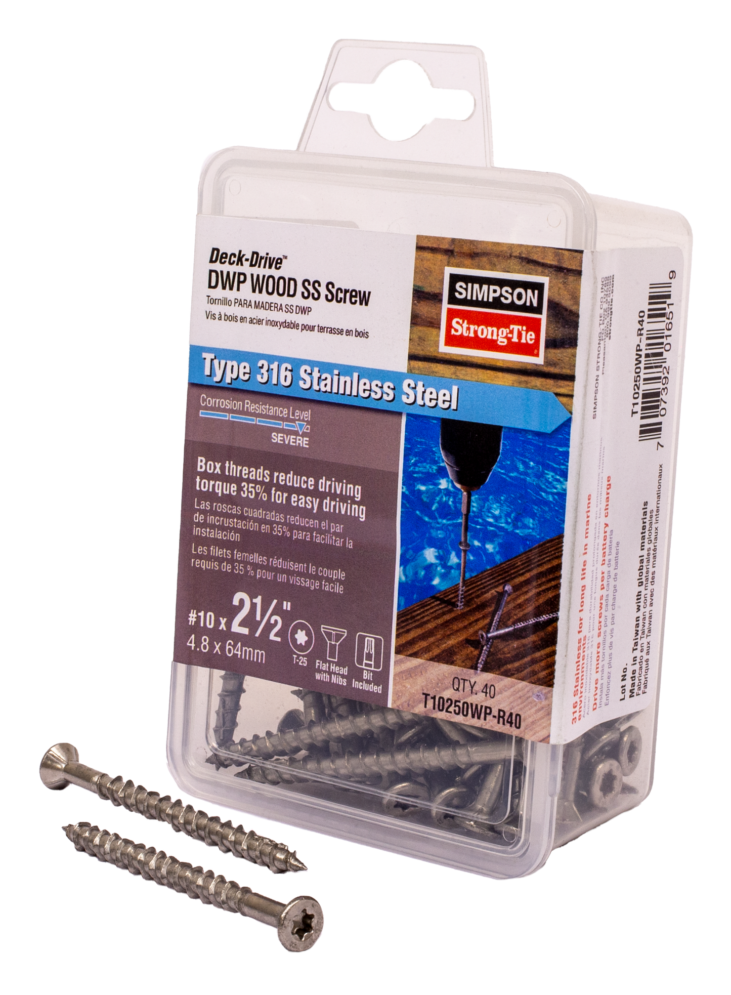 Simpson Strong-Tie T10250WP-R40 Deck-Drive™ DWP WOOD SS Screw — #10 x 2-1/2 in. T25, Flat Head, Type 316 (40-Qty)