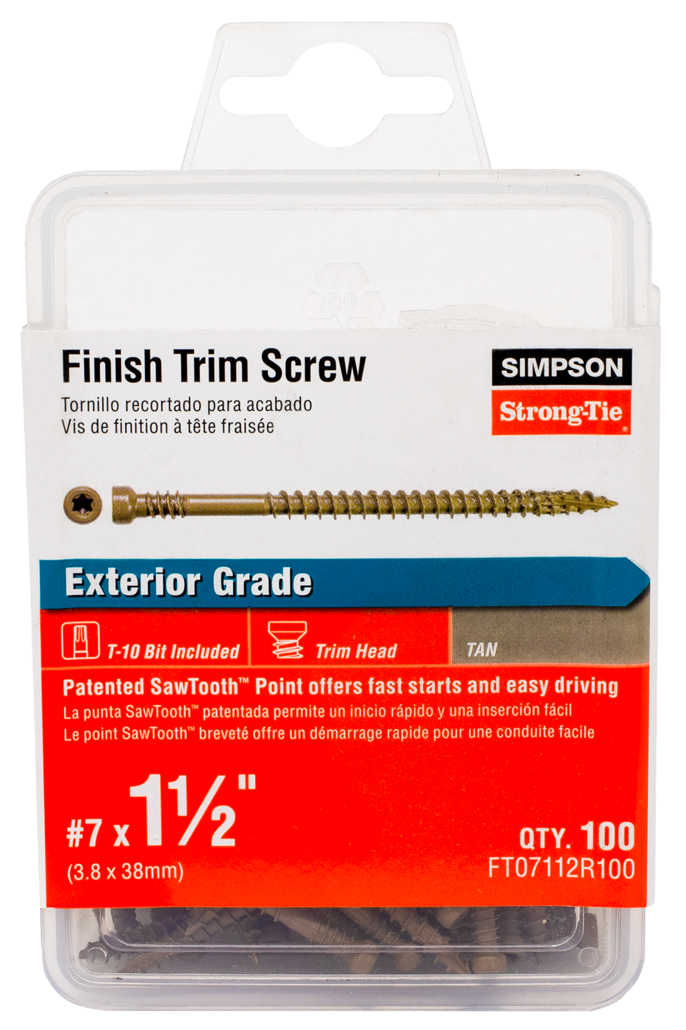 Simpson Strong-Tie FT07112R100 Finish Trim Screw — #7 x 1-1/2 in. T10, Trim-Head, Quik Guard®, Tan (100-Qty)