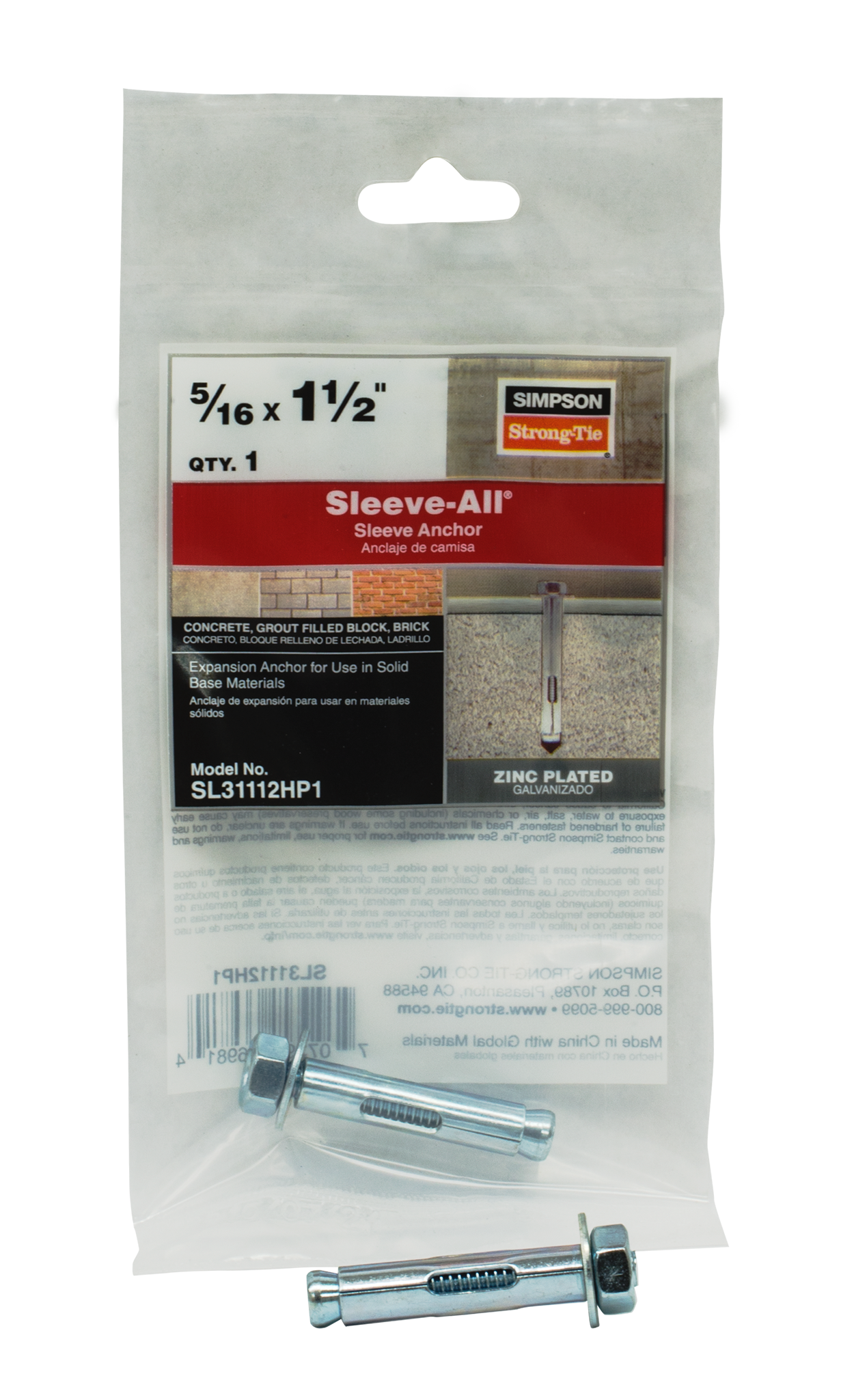 Simpson Strong-Tie SL31112HP1 Sleeve-All® 5/16 in. x 1-1/2 in. Hex-Head Sleeve Anchor