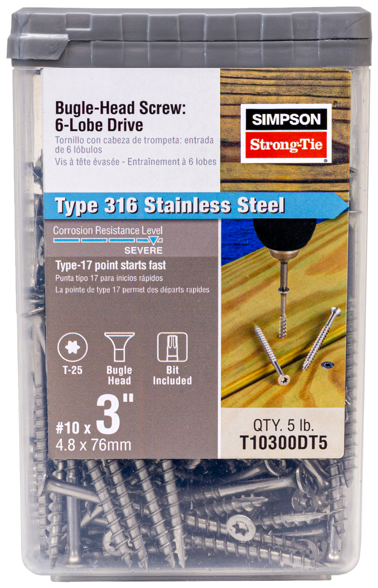 Simpson Strong-Tie T10300DT5 Bugle-Head Wood Screw, 6-Lobe Drive — #10 x 3-in. T25, Type 316 (5 lb.) (Pack of 300)