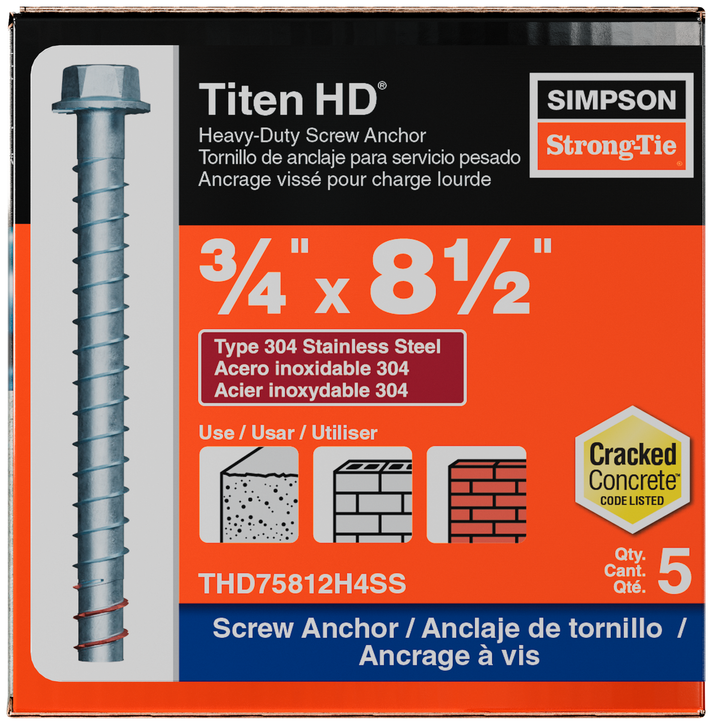 Simpson Strong-Tie THD75812H4SS Titen HD® 3/4 in. x 8-1/2 in. Type 304 Stainless Steel Heavy-Duty Screw Anchor (5-Qty) (Pack of 2)