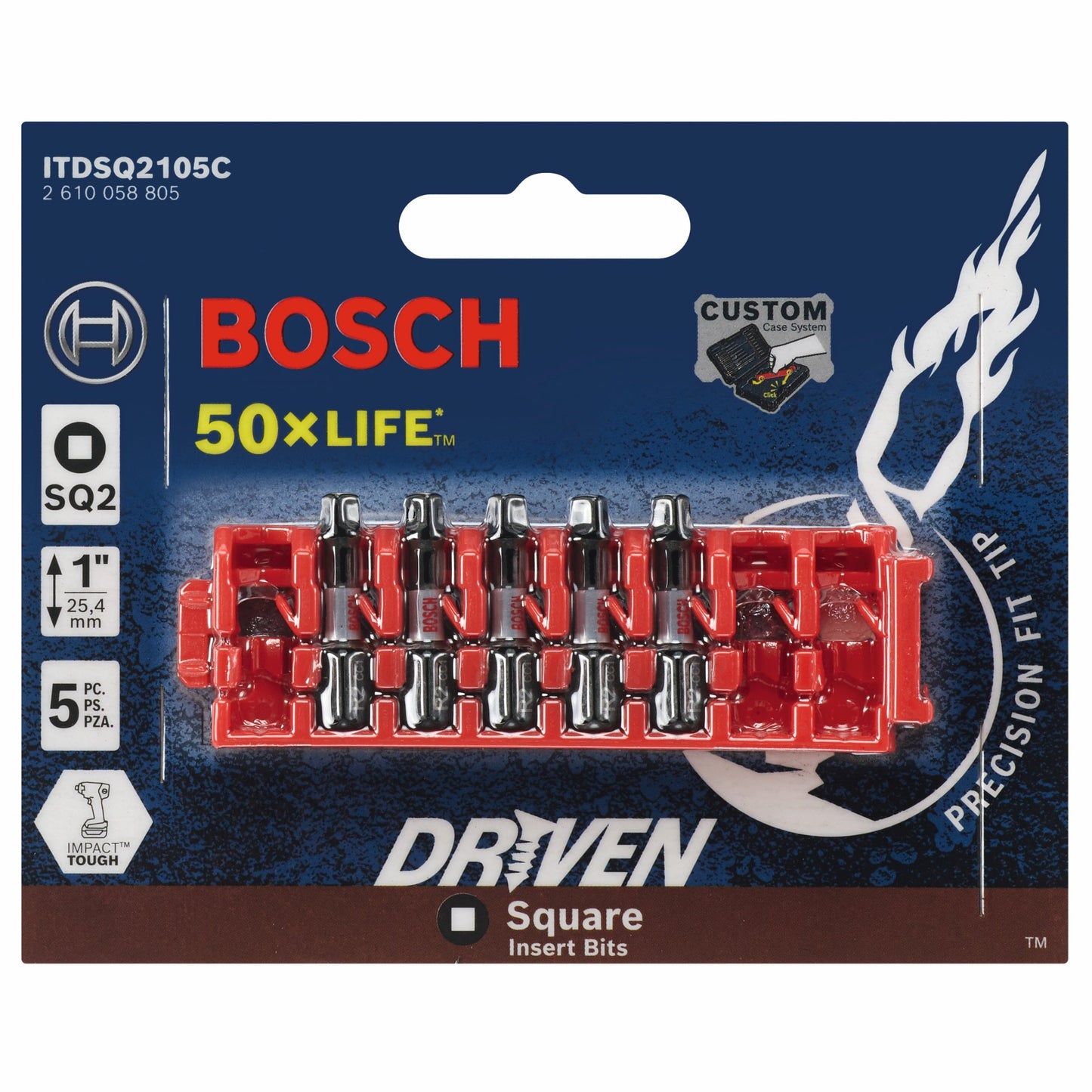 BOSCH ITDSQ2105C Juego de 5 brocas de impacto cuadradas n.° 2 de 1 pulg. con clip para sistema de caja personalizada