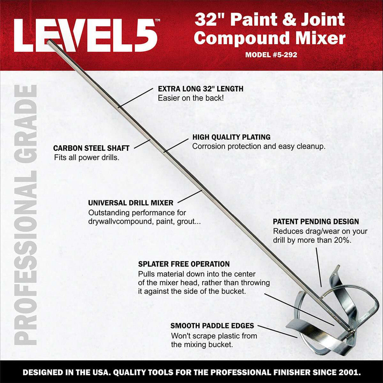 Level 5 Tools 5-291 32" Long Mixing Paddle w/ 5" Head