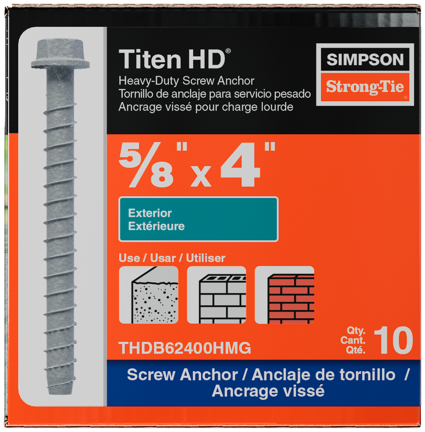 Simpson Strong-Tie THDB62400HMG Titen HD® 5/8 in. x 4 in. Mechanically Galvanized Heavy-Duty Screw Anchor (10-Qty) (Pack of 4)