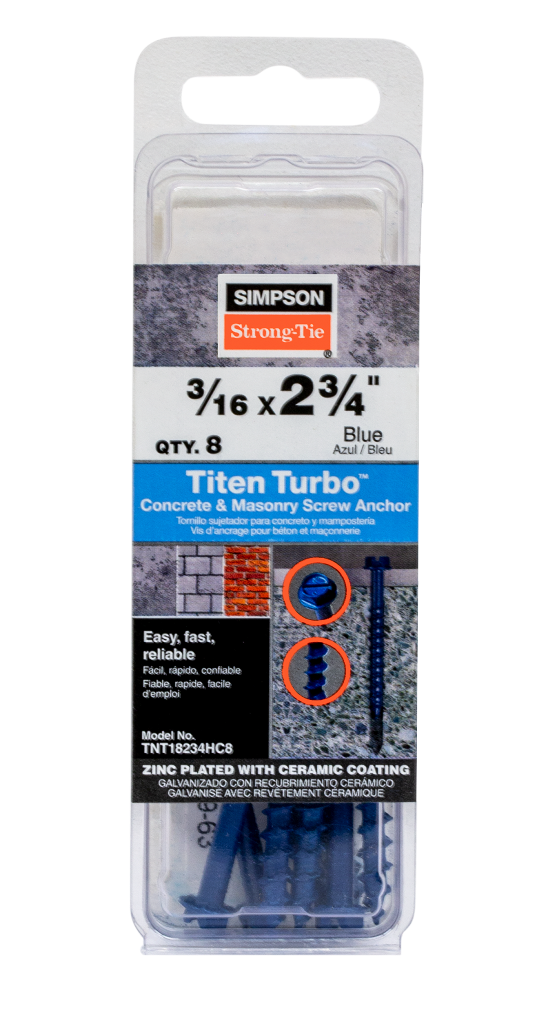 Simpson Strong-Tie TNT18234HC8 Titen Turbo™ — 3/16 in. x 2-3/4 in. Hex-Head Concrete and Masonry Screw, Blue (8-Qty) (Pack of 5)