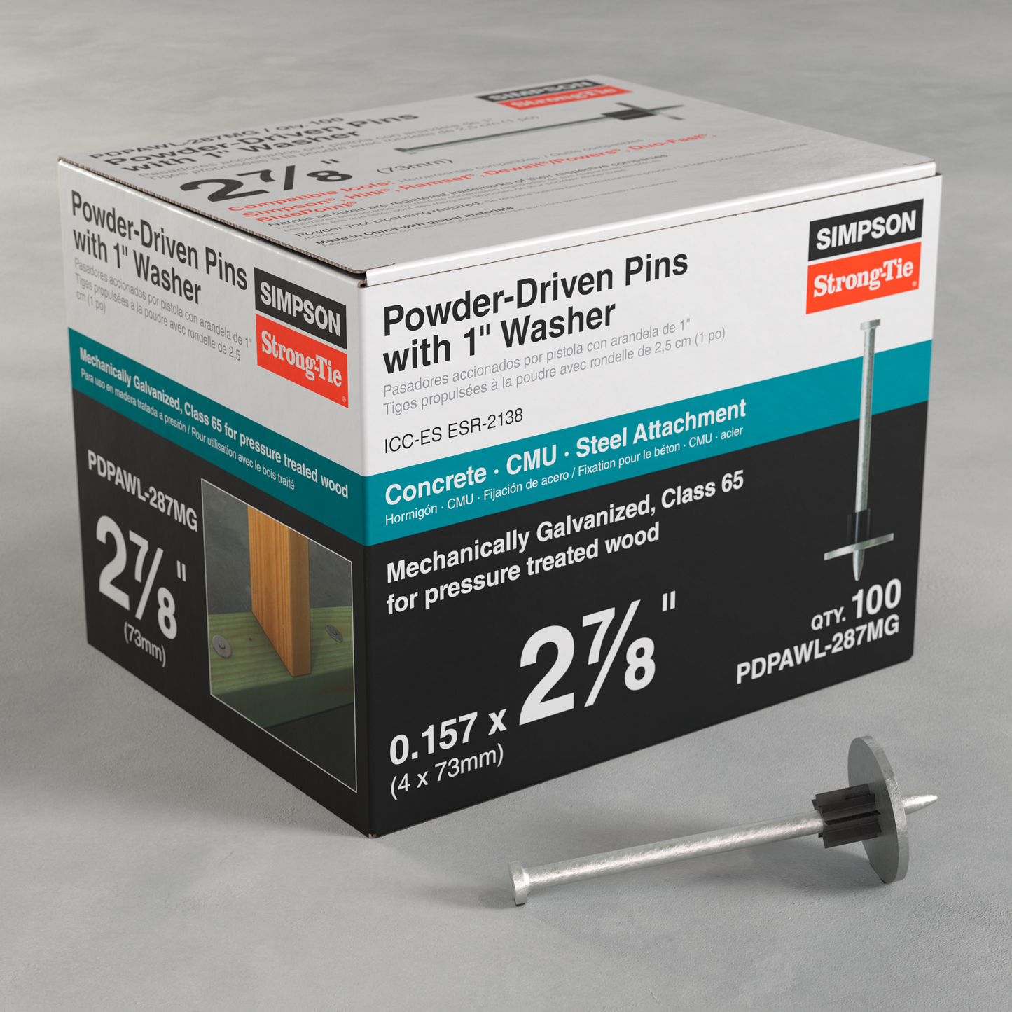Simpson Strong-Tie PDPAWL-287MG PDPAWL .157 in. x 2-7/8 in. Mechanically Galvanized Powder-Actuated Pin w/ 1 in. Washer (100-Qty) (Pack of 10)