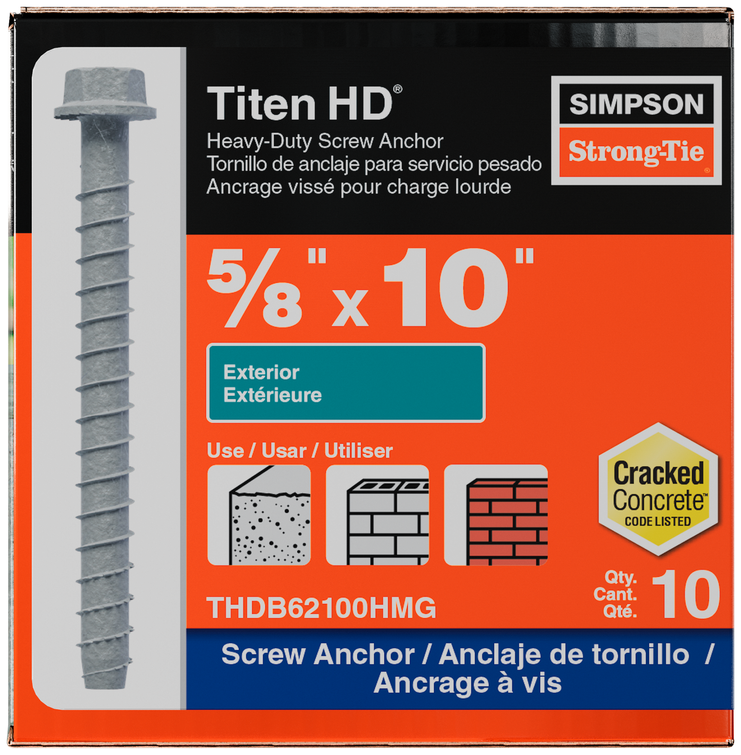 Simpson Strong-Tie THDB62100HMG Titen HD® 5/8 in. x 10 in. Mechanically Galvanized Heavy-Duty Screw Anchor (10-Qty) (Pack of 216)