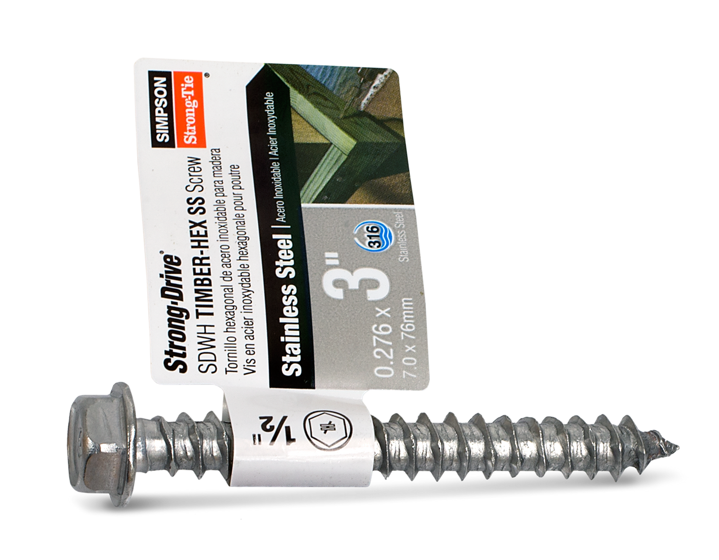 Simpson Strong-Tie SDWH27300SS-RP1 Strong-Drive® SDWH™ TIMBER-HEX SS Screw — 0.275 in. x 3 in. 1/2 Hex, Type 316