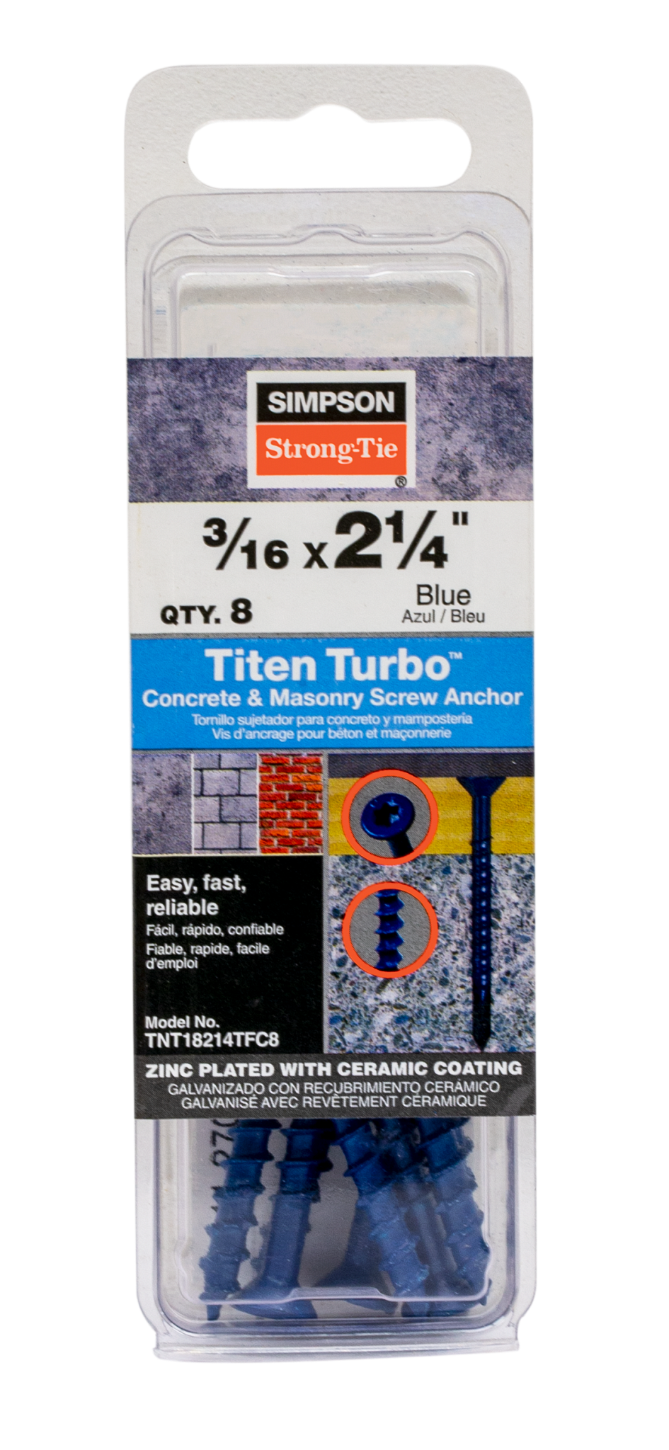 Simpson Strong-Tie TNT18214TFC8 Titen Turbo™ — 3/16 in. x 2-1/4 in. 6-Lobe Flat-Head Concrete and Masonry Screw, Blue (8-Qty) (Pack of 5)