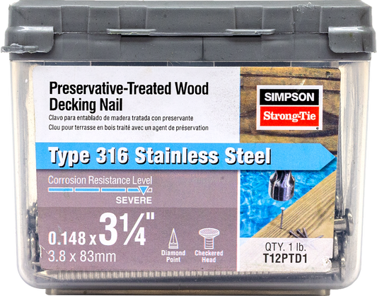 Simpson Strong-Tie T12PTD1 Preservative-Treated Wood Decking Nail, Ring Shank — 3-1/4 in. x .148 in. Type 316 (1 lb.) (Pack of 10)
