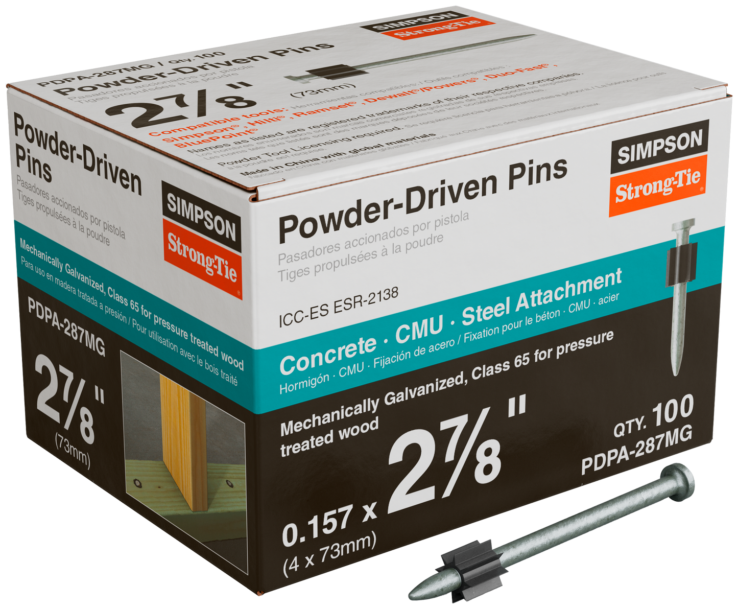 Simpson Strong-Tie PDPA-287MG PDPA .157 in. x 2-7/8 in. Mechanically Galvanized Powder-Actuated Pin (100-Qty) (Pack of 10)