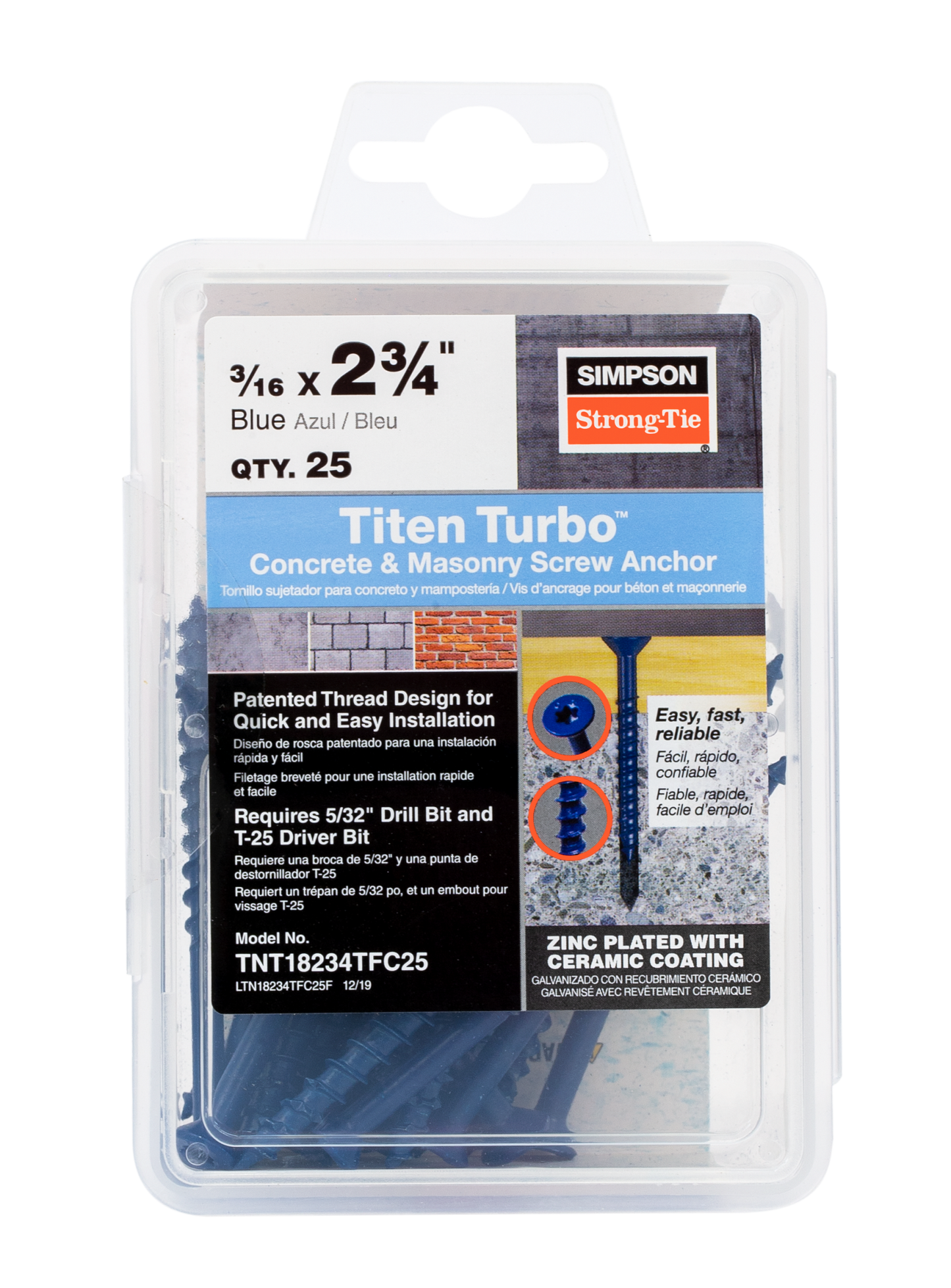 Simpson Strong-Tie TNT18234TFC25 Titen Turbo™ — 3/16 in. x 2-3/4 in. 6-Lobe Flat-Head Concrete and Masonry Screw, Blue (25-Qty) (Pack of 1440)