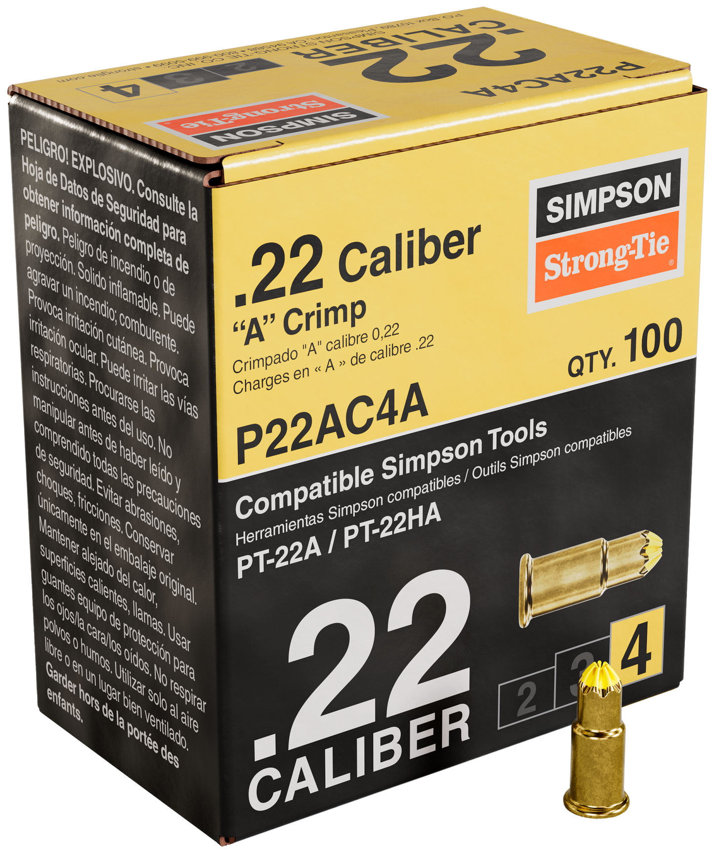 Simpson Strong-Tie P22AC4A P22AC 0.22-Caliber “A” Single-Shot Crimp Loads, LVL 4, Yellow - Imported (100-Qty)