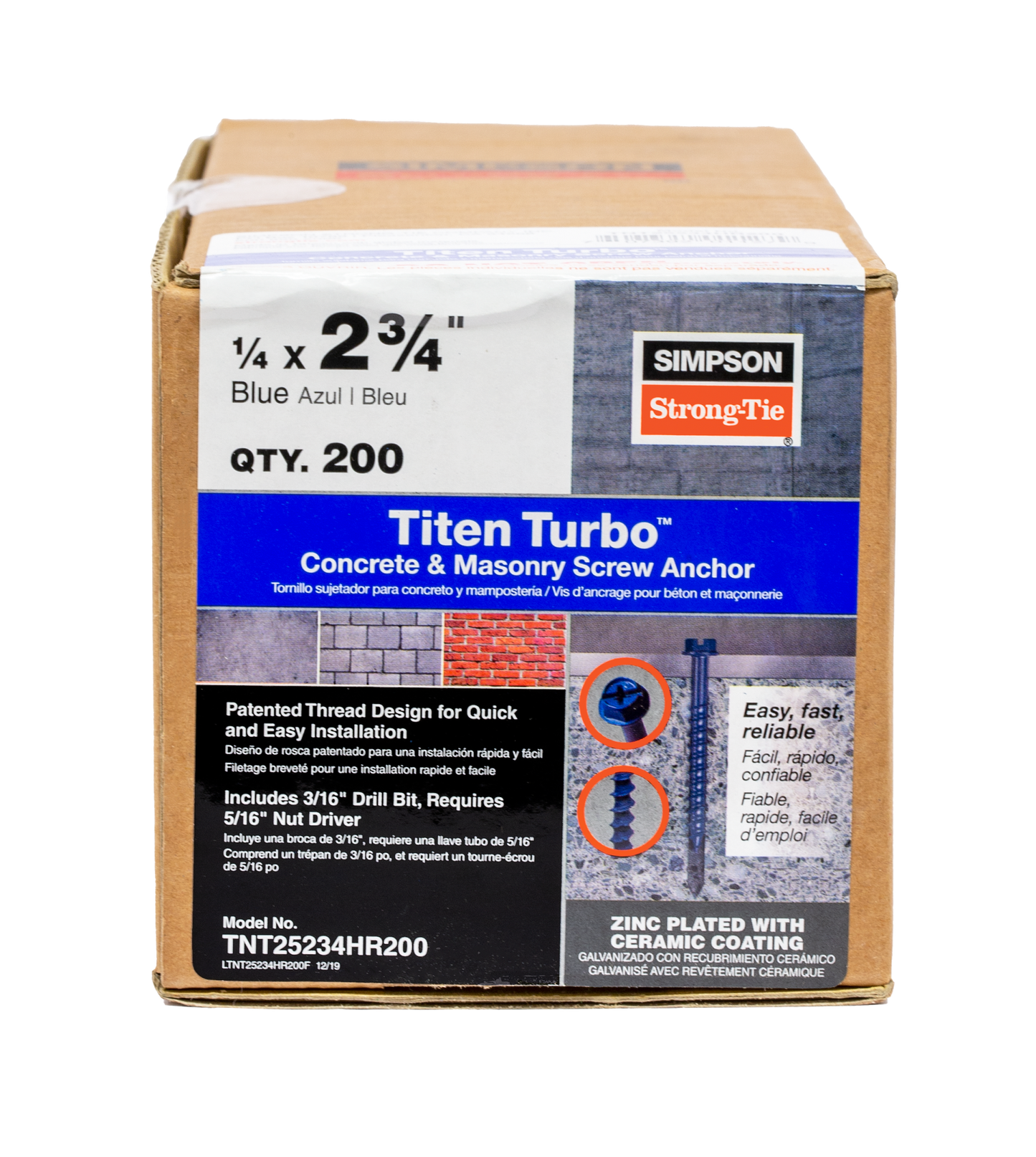 Simpson Strong-Tie TNT25234H Titen Turbo™ — 1/4 in. x 2-3/4 in. Hex-Head Concrete and Masonry Screw, Blue (100-Qty) (Pack of 420)