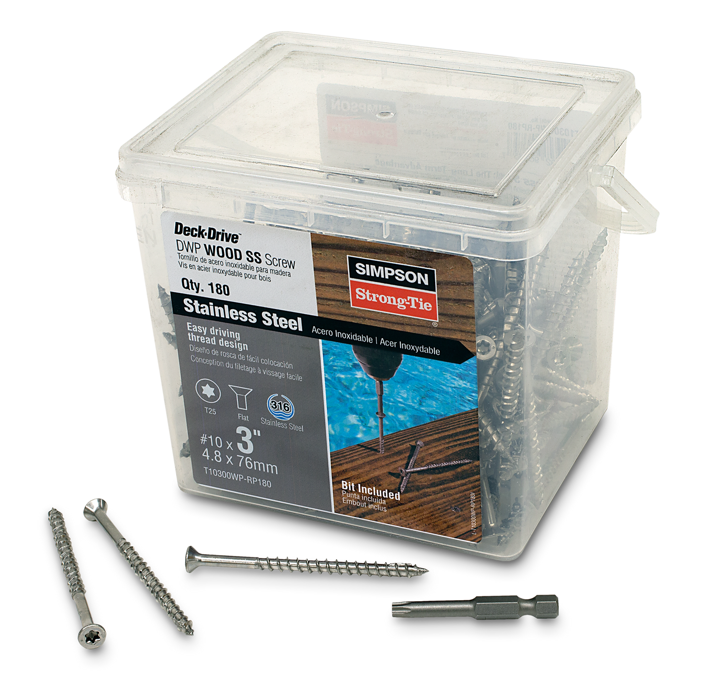 Simpson Strong-Tie T10300WP-RP180 Deck-Drive™ DWP WOOD SS Screw — #10 x 3 in. T25, Flat Head, Type 316 (180-Qty) (Pack of 336)