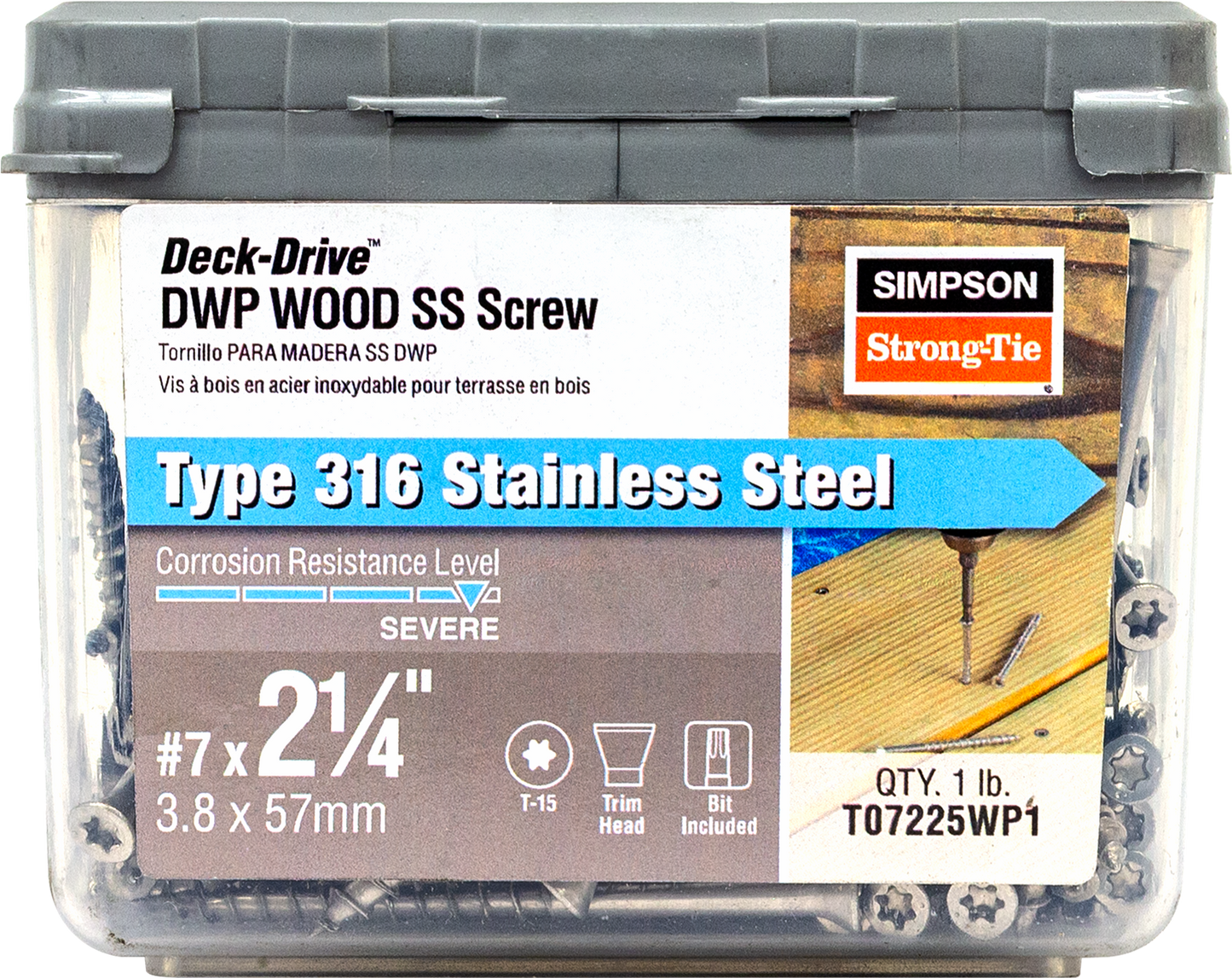 Simpson Strong-Tie T07225WP1 Deck-Drive™ DWP WOOD SS Screw — #7 x 2-1/4 in. T-15, Trim Head, Type 316 (1 lb.) (Pack of 800)