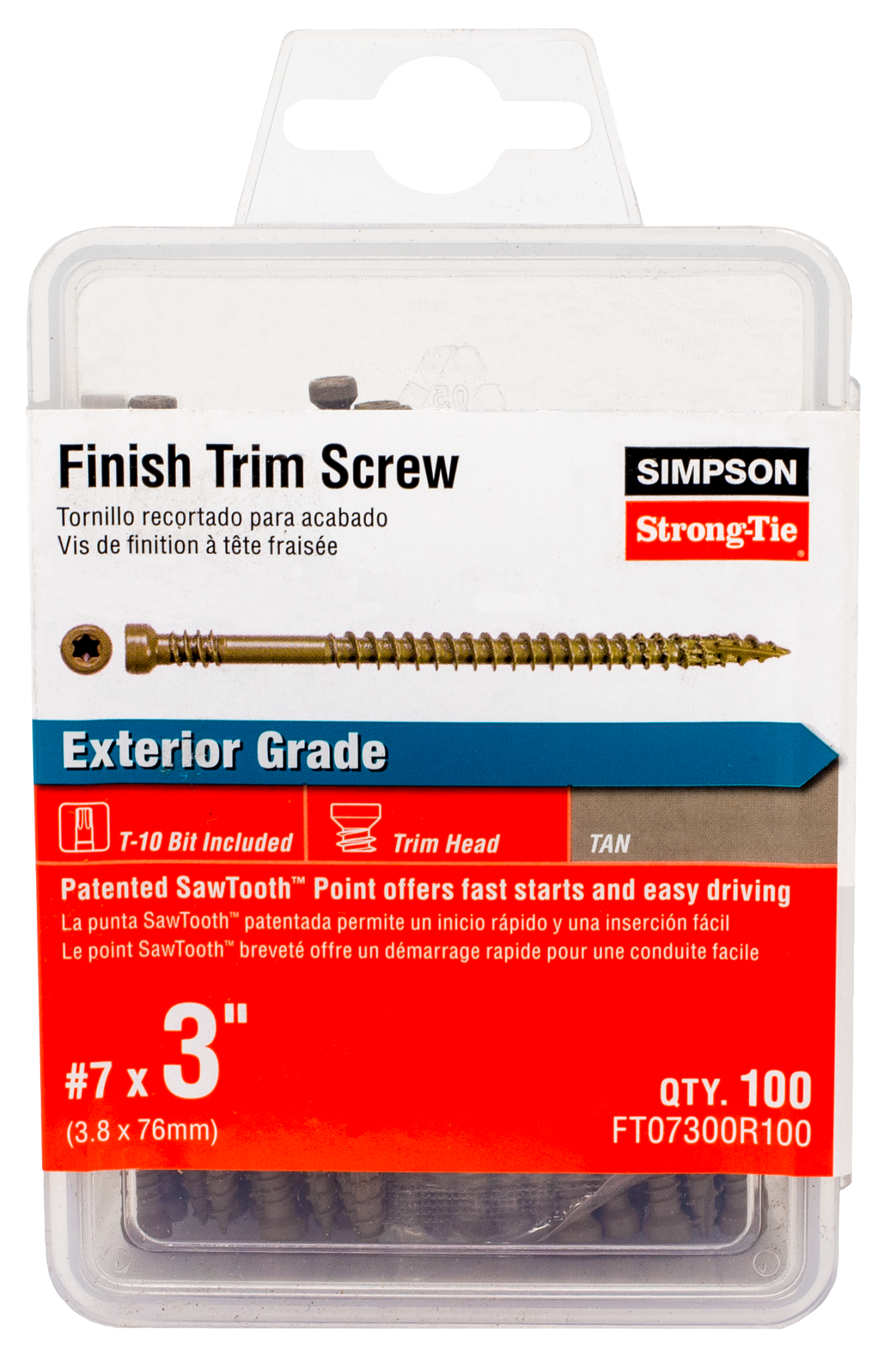 Simpson Strong-Tie FT07300R100 Finish Trim Screw — #7 x 3 in. T10, Trim-Head, Quik Guard®, Tan (100-Qty)