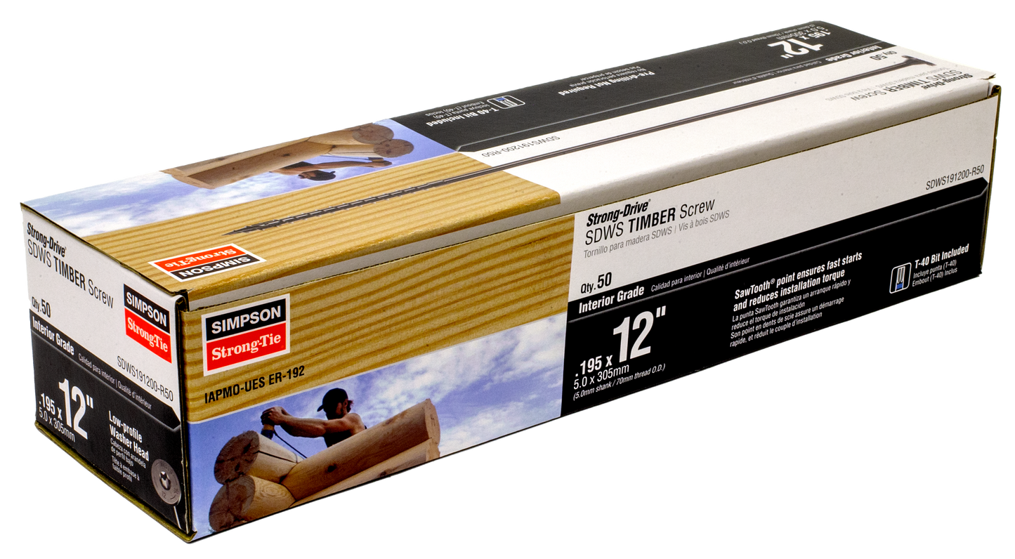 Simpson Strong-Tie SDWS191200-R50 Strong-Drive® SDWS™ TIMBER Screw (Interior) — 0.195 in. x 12 in. E-coat® (50-Qty) (Pack of 6)
