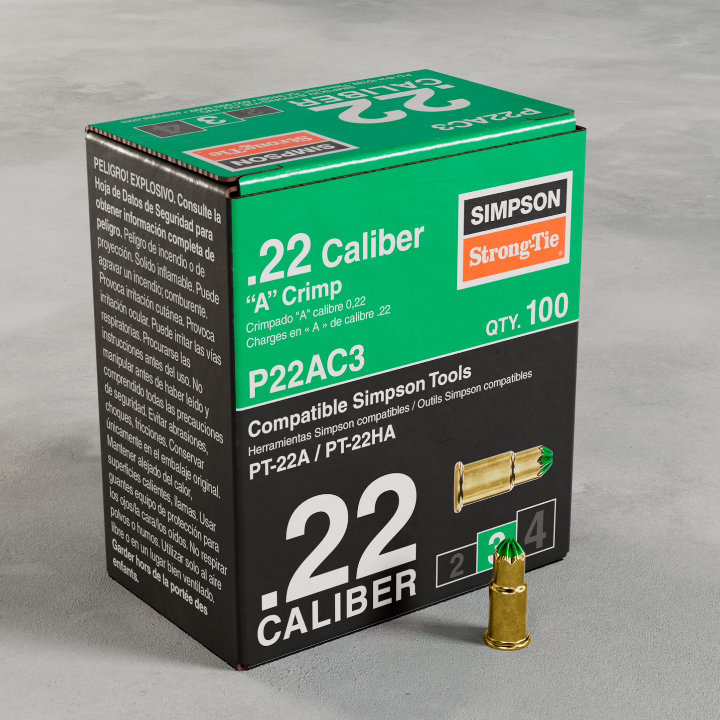 Simpson Strong-Tie P22AC3 P22AC 0.22-Caliber “A” Single-Shot Crimp Loads, LVL 3, Green (100-Qty) (Pack of 100)