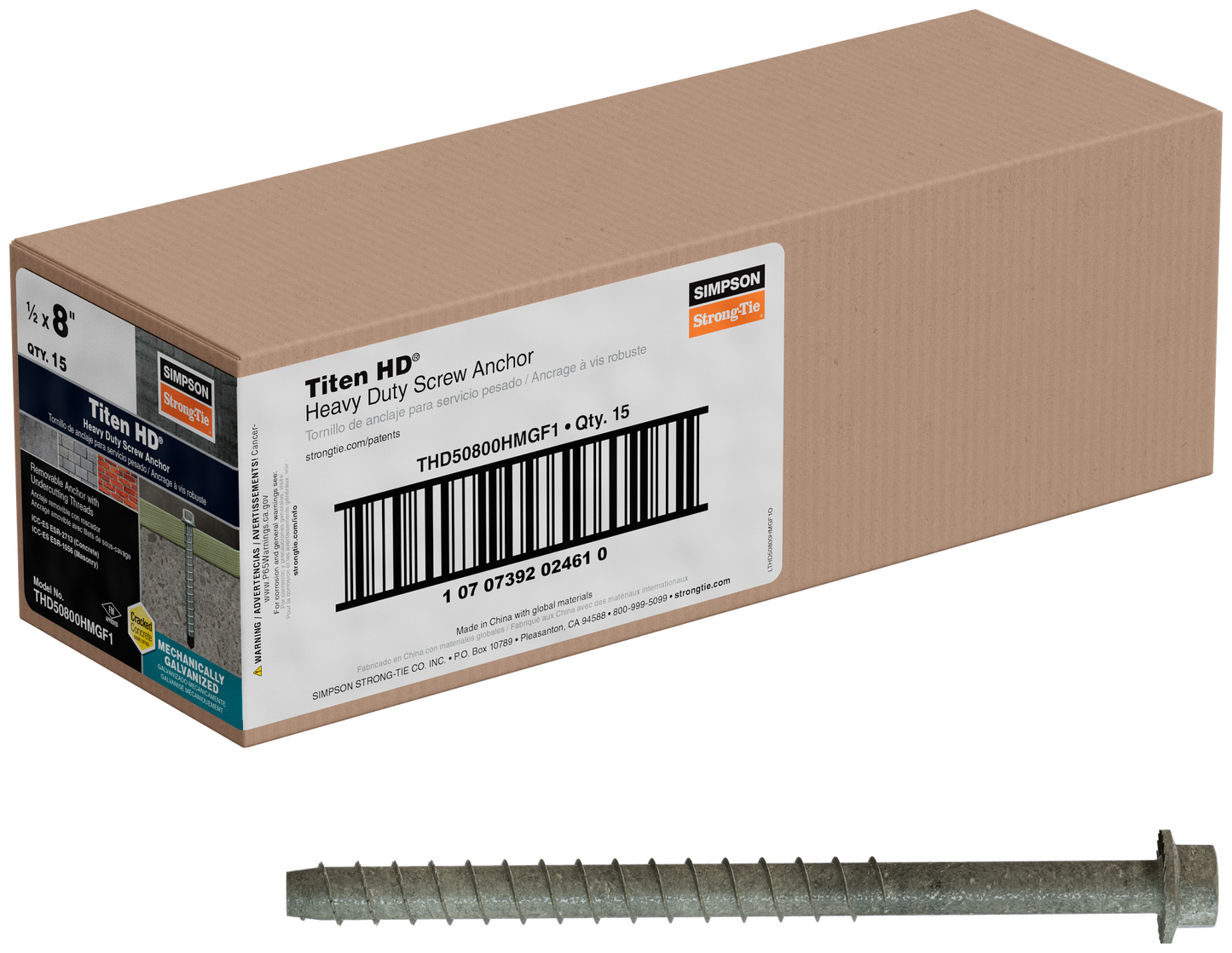 Simpson Strong-Tie THD50800HMGF1 Titen HD® 1/2 in. x 8 in. Mechanically Galvanized Heavy-Duty Screw Anchor (Pack of 15)