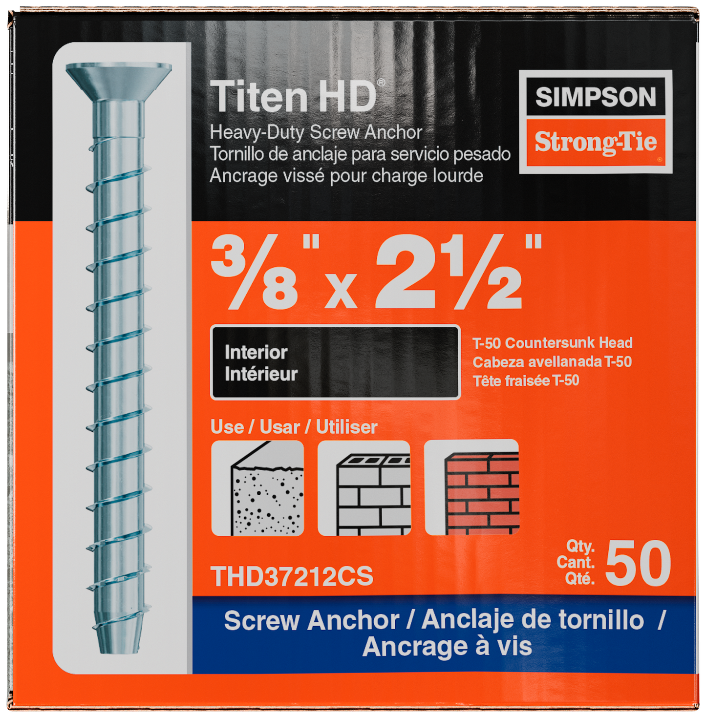 Simpson Strong-Tie THD37212CS Titen HD® 3/8 in. x 2-1/2 in. Zinc-Plated Countersunk Head Heavy-Duty Screw Anchor (50-Qty) (Pack of 300)